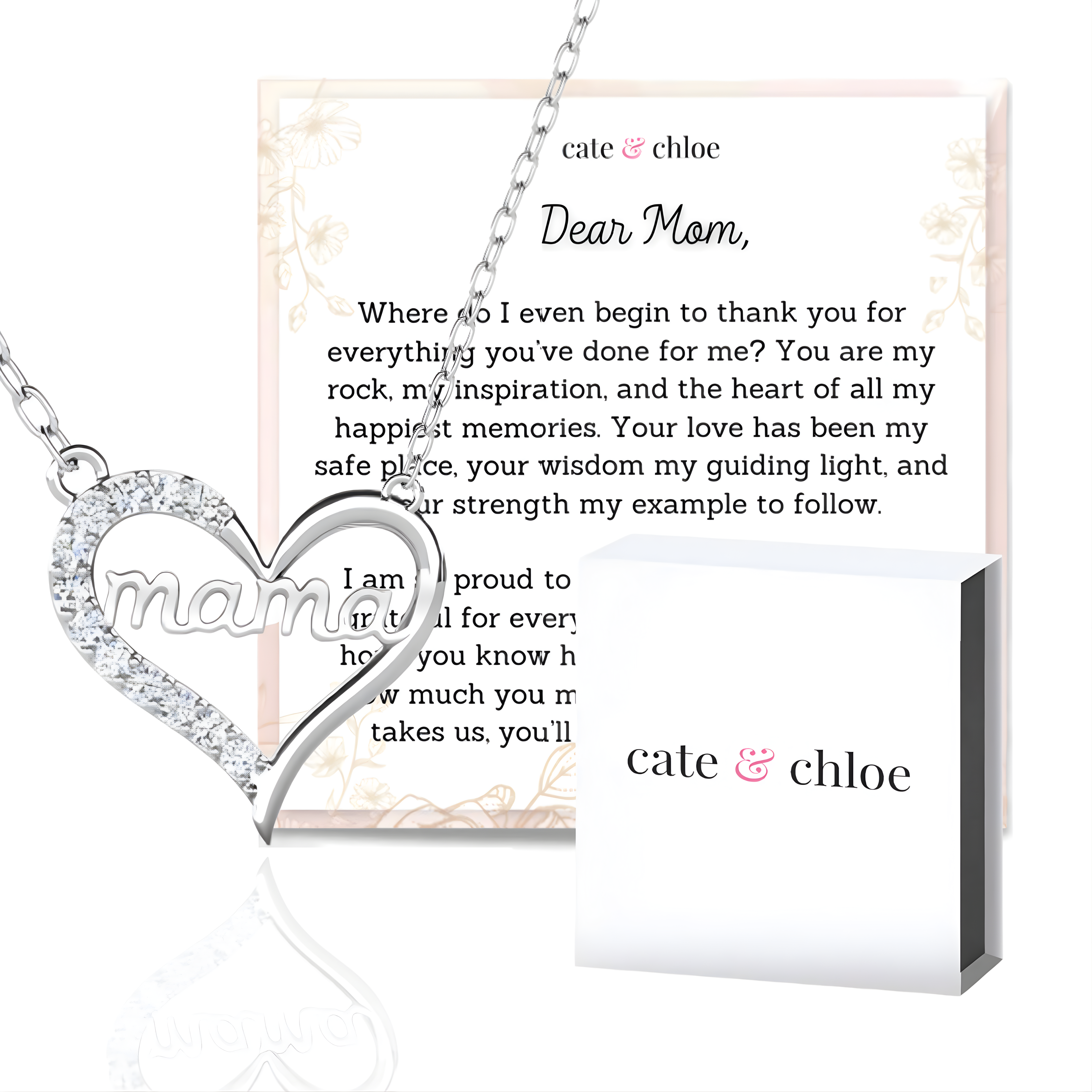 Louise 18k White Gold Plated Mama Necklace with Swarovski Crystals & Heartfelt Message for Mom