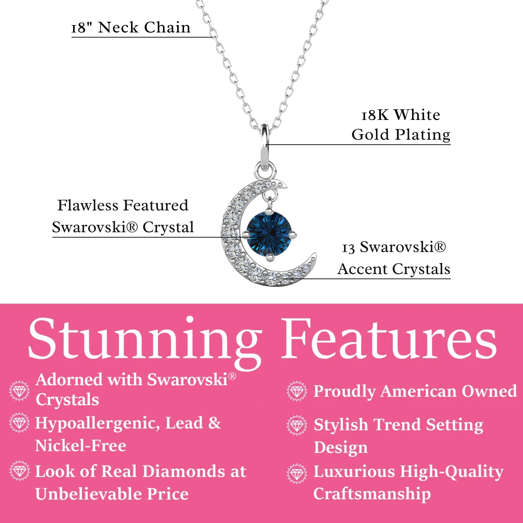 Luna Birthstone Necklace 18k White Gold Plated Crescent Pendant Necklace with Round Cut Swarovski Crystals