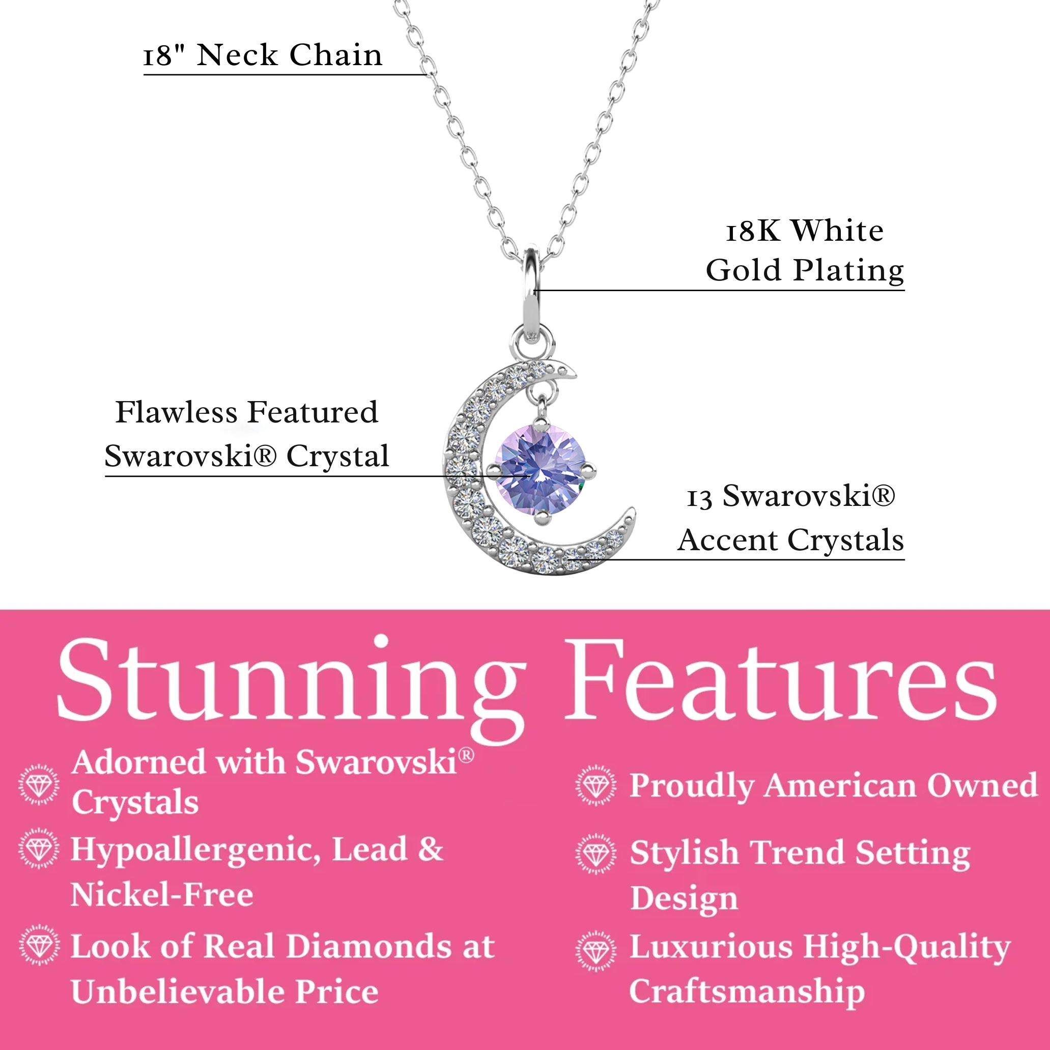 Luna Birthstone Necklace 18k White Gold Plated Crescent Pendant Necklace with Round Cut Swarovski Crystals