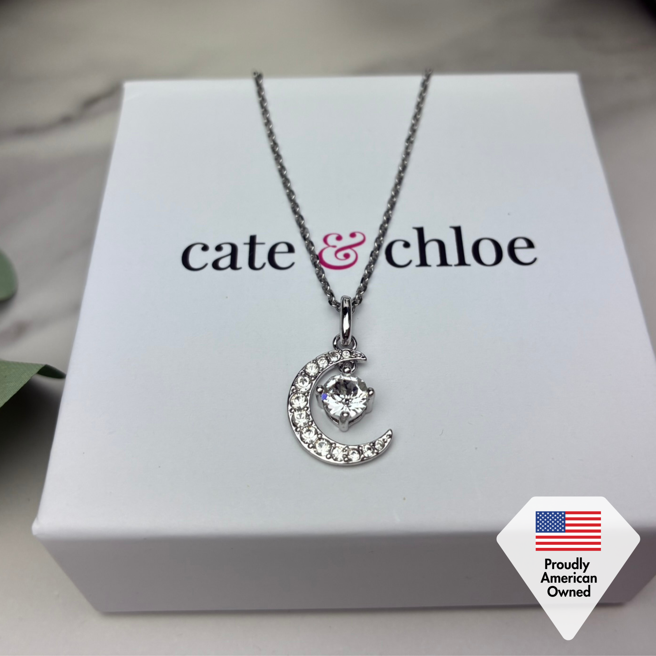 Luna Birthstone Necklace 18k White Gold Plated Crescent Pendant Necklace with Round Cut Swarovski Crystals