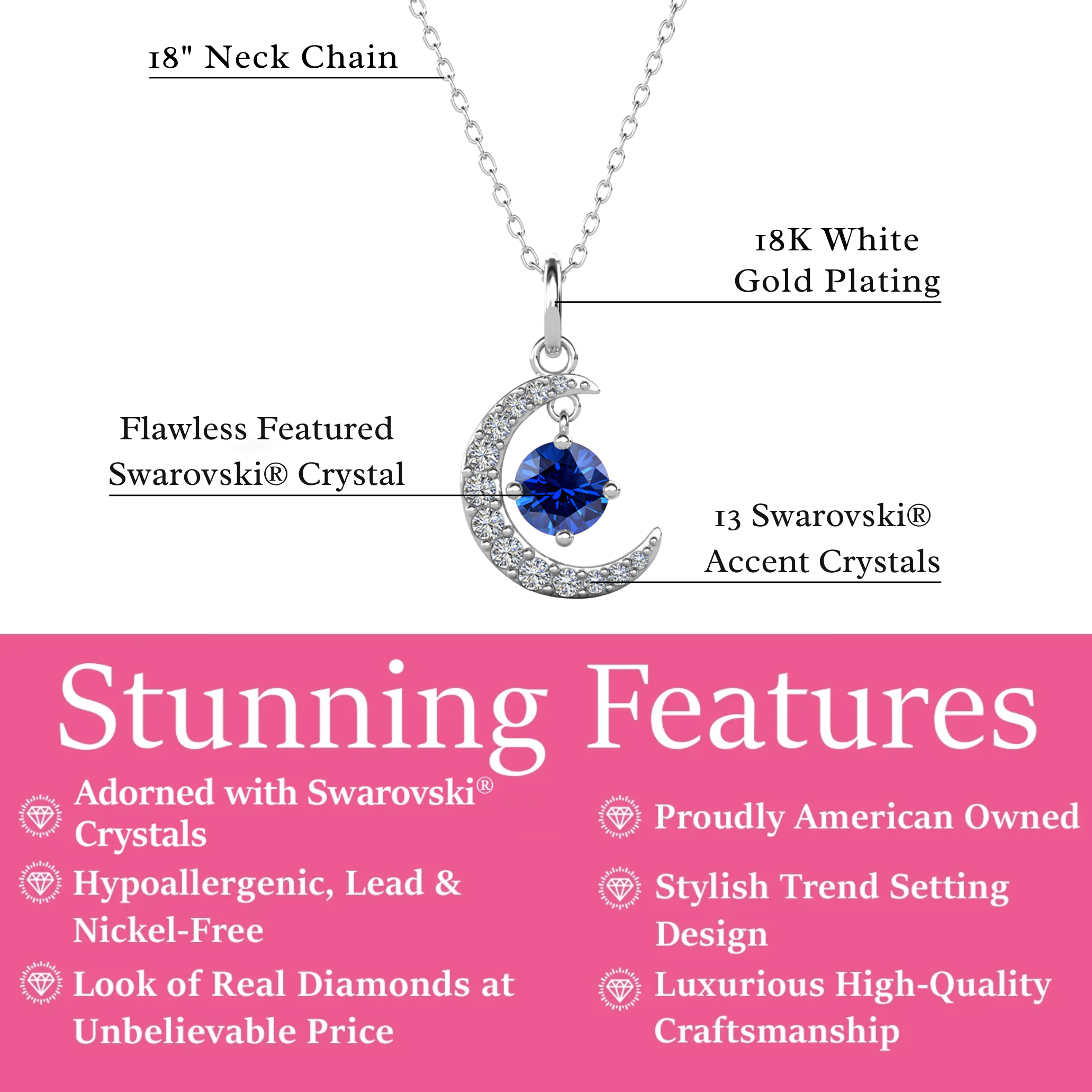 Luna Birthstone Necklace 18k White Gold Plated Crescent Pendant Necklace with Round Cut Swarovski Crystals