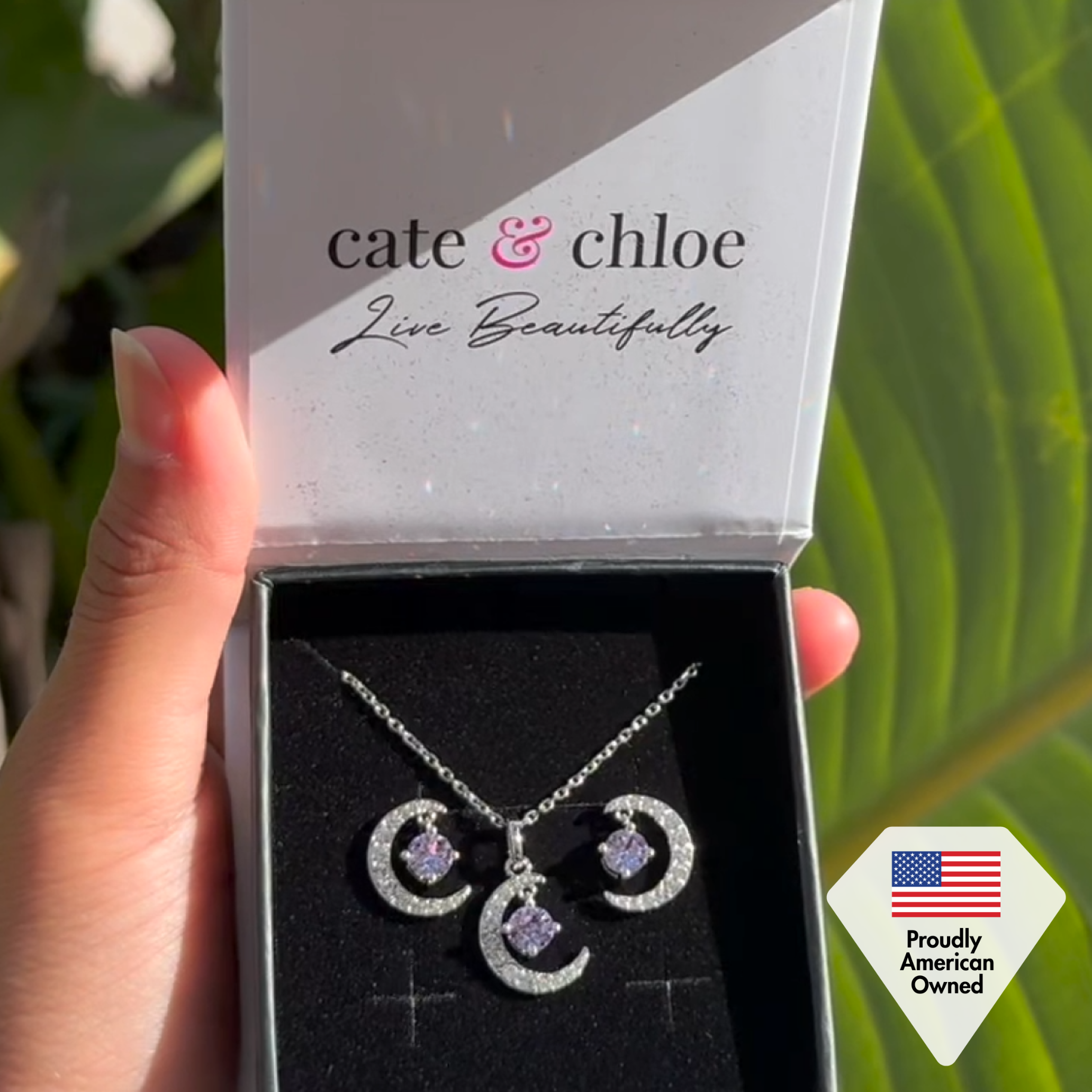 Luna Birthstone 18k White Gold Plated Silver Crescent Earrings and Necklace Set with Swarovski Crystals