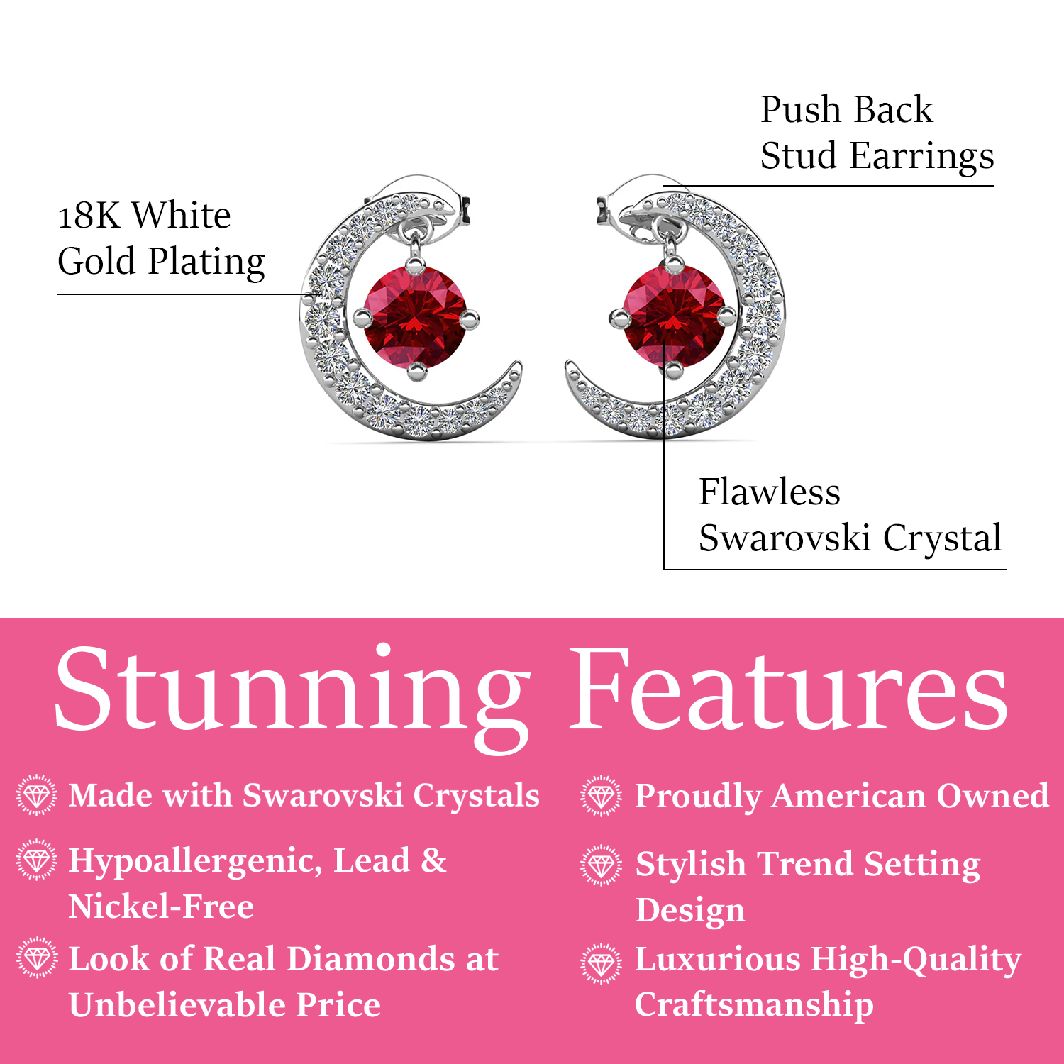 Luna Birthstone Stud Earrings 18k White Gold Plated with Round Cut Swarovski Crystals