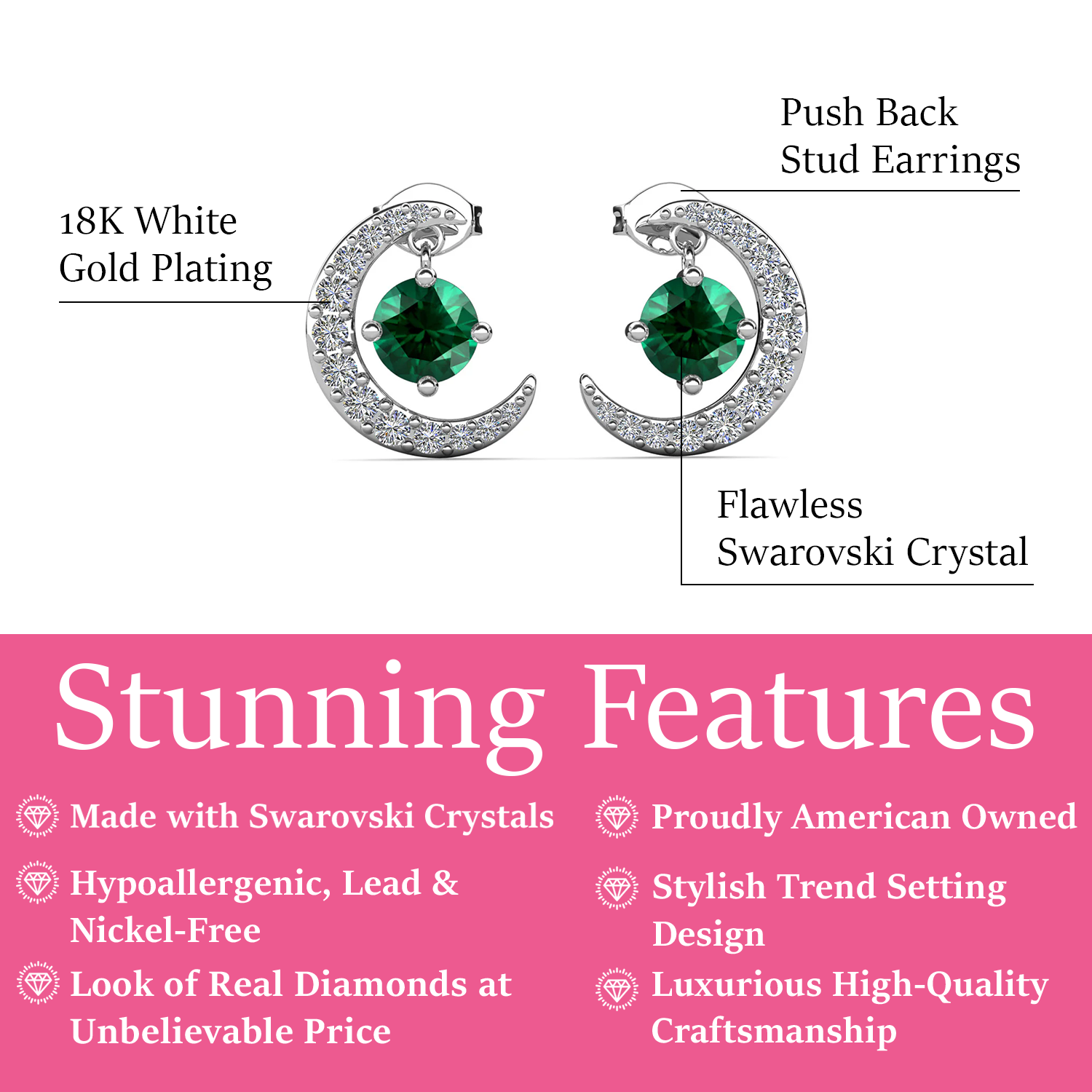 Luna Birthstone Stud Earrings 18k White Gold Plated with Round Cut Swarovski Crystals