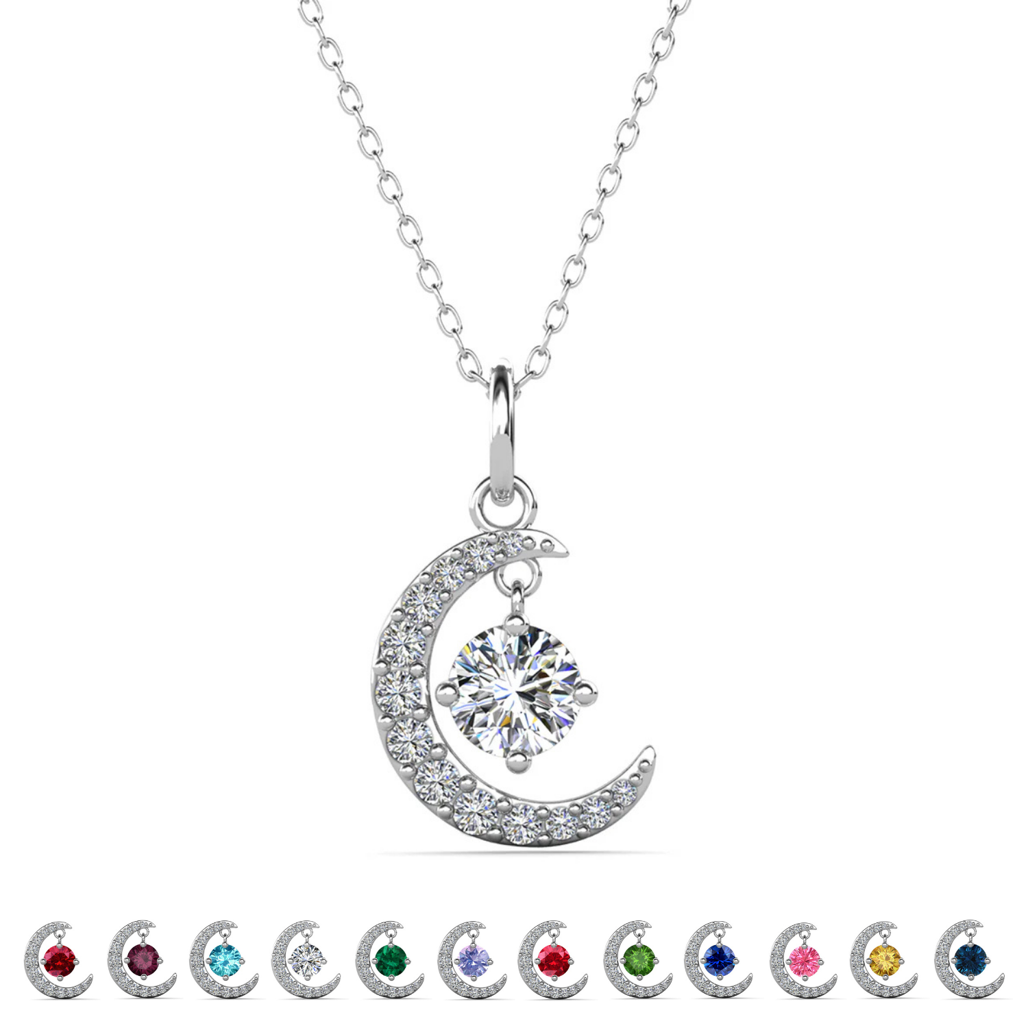 Luna Birthstone Necklace 18k White Gold Plated Crescent Pendant Necklace with Round Cut Swarovski Crystals