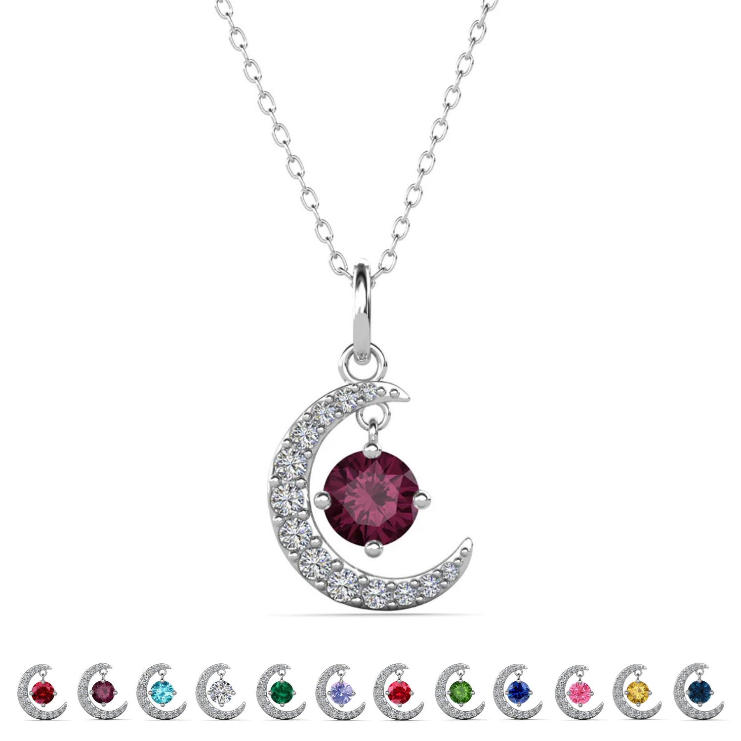 Luna Birthstone Necklace 18k White Gold Plated Crescent Pendant Necklace with Round Cut Swarovski Crystals