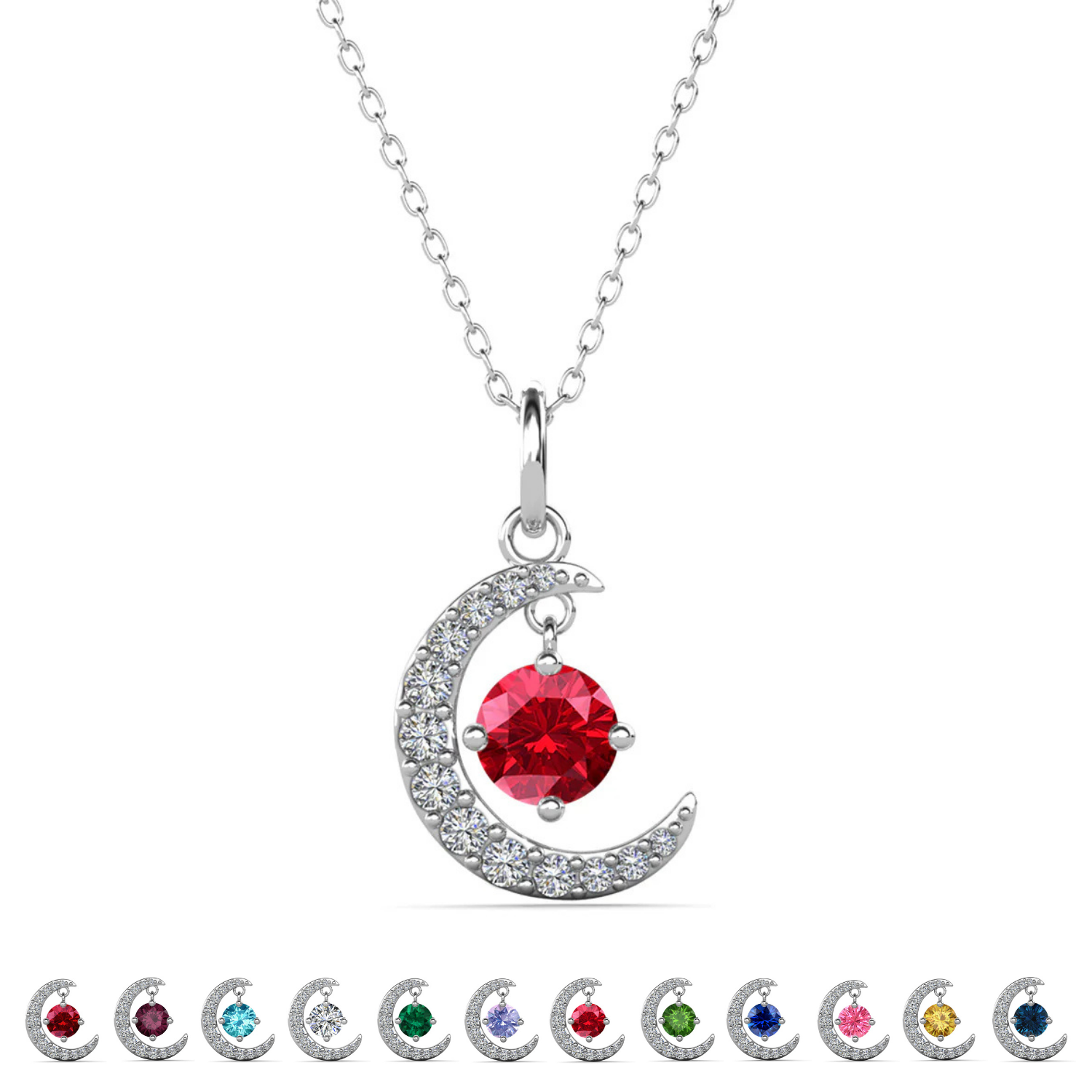 Luna Birthstone Necklace 18k White Gold Plated Crescent Pendant Necklace with Round Cut Swarovski Crystals