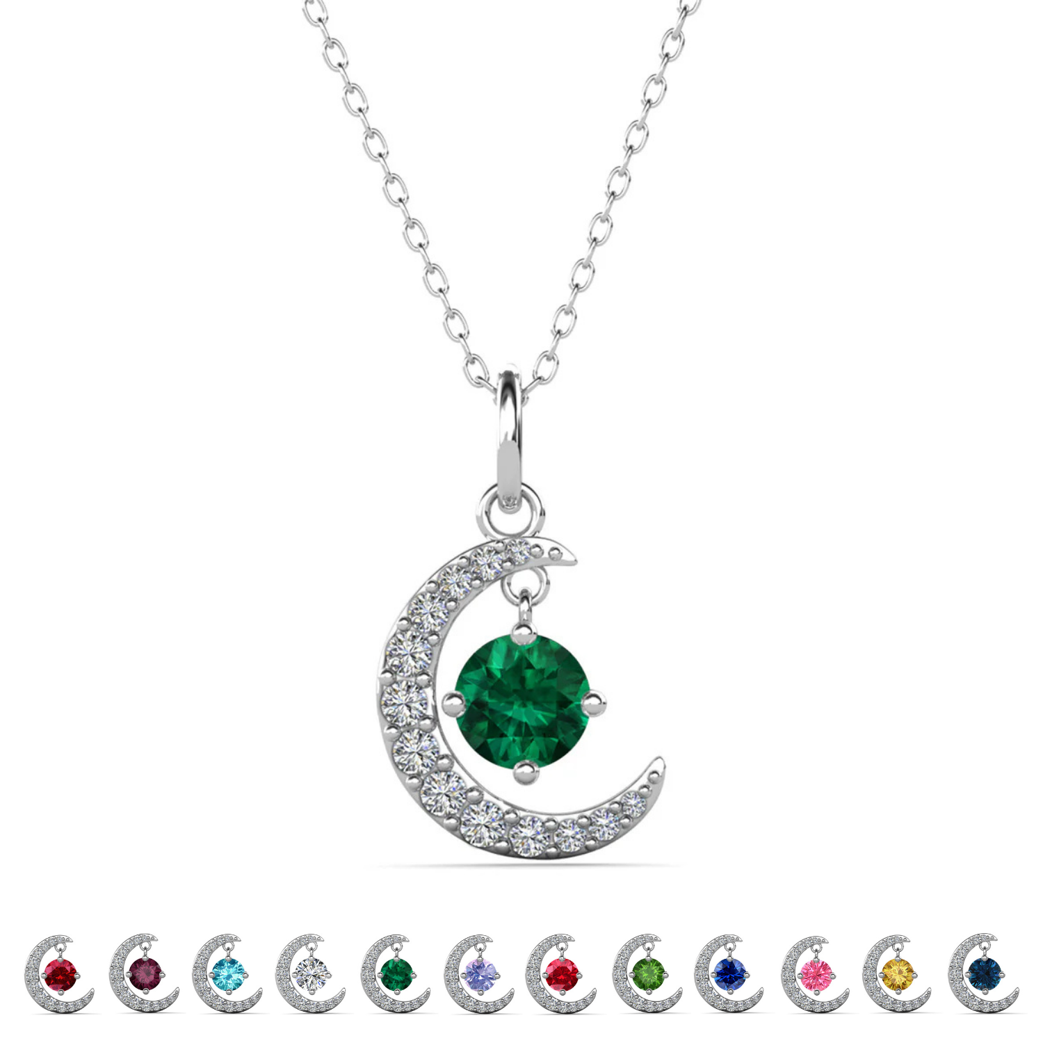 Luna Birthstone Necklace 18k White Gold Plated Crescent Pendant Necklace with Round Cut Swarovski Crystals