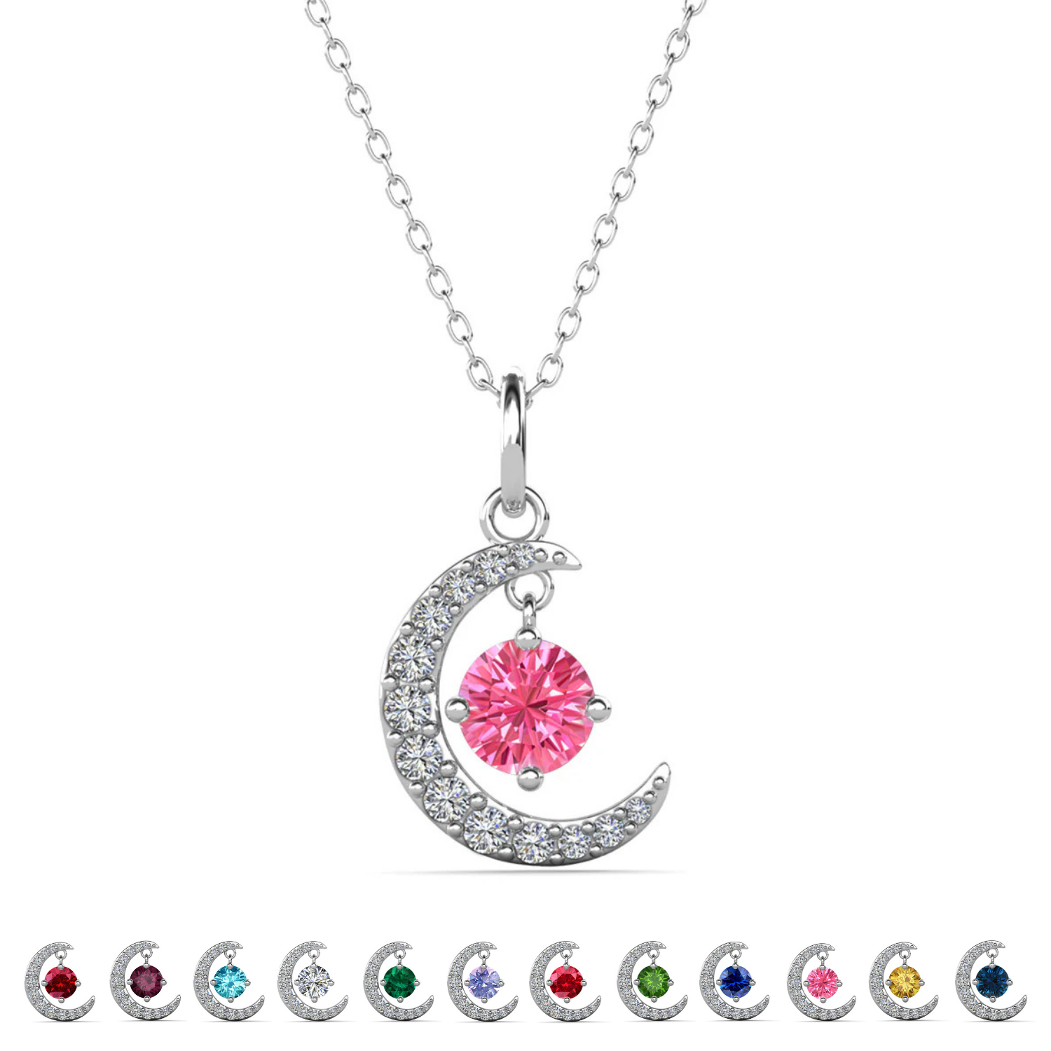 Luna Birthstone Necklace 18k White Gold Plated Crescent Pendant Necklace with Round Cut Swarovski Crystals