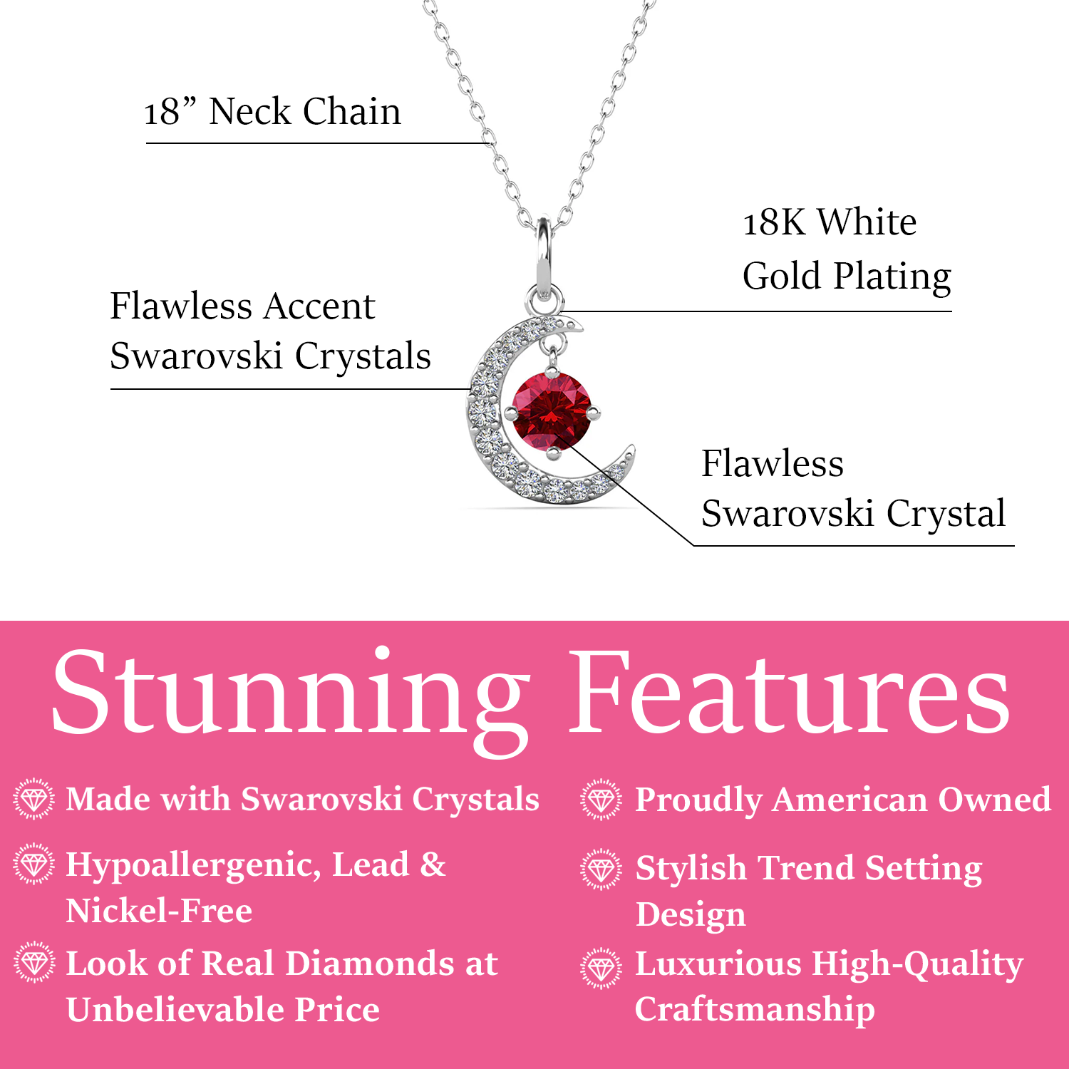 Luna Birthstone Necklace 18k White Gold Plated with Round Cut Swarovski Crystal