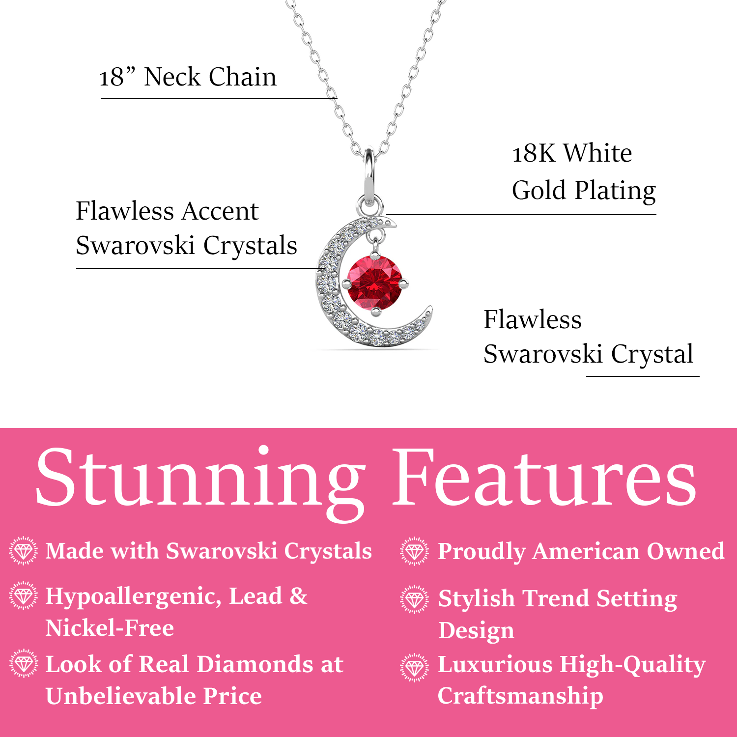 Luna Birthstone Necklace 18k White Gold Plated with Round Cut Swarovski Crystal