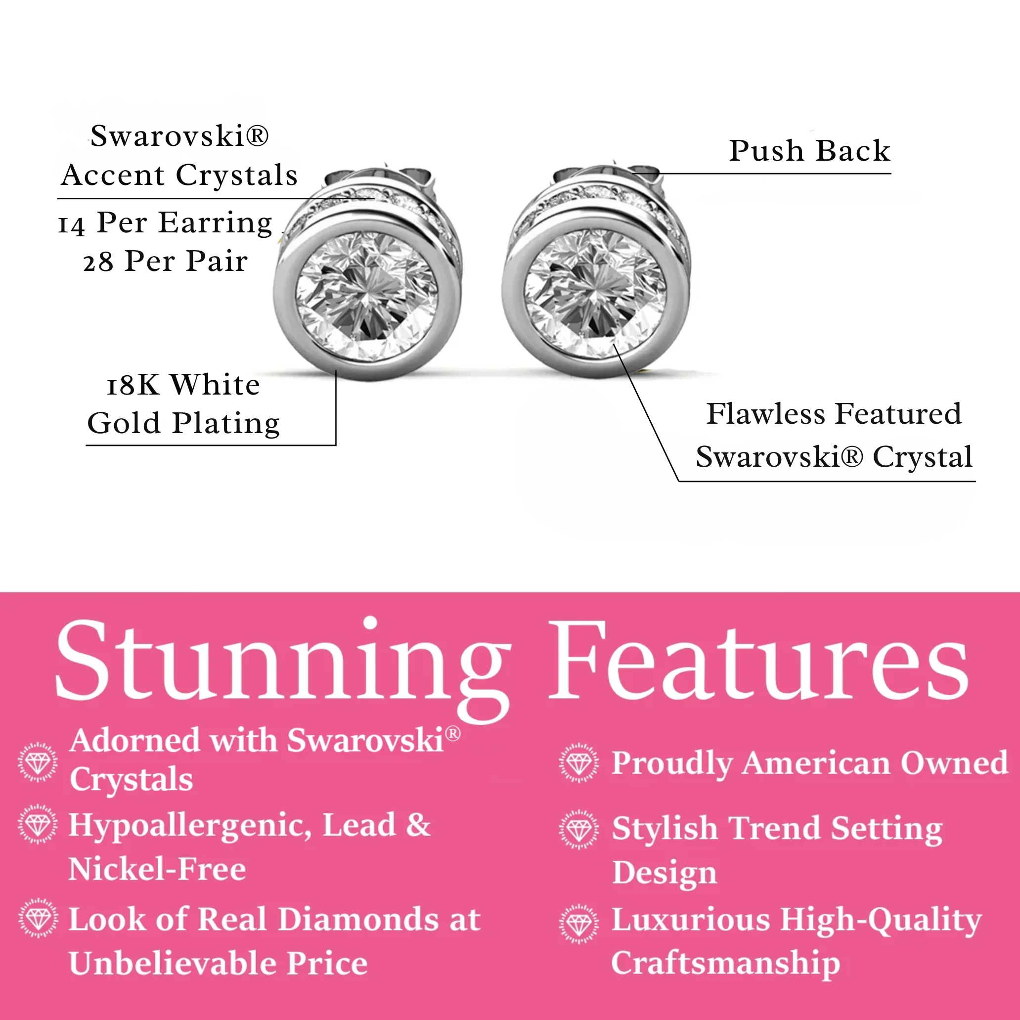 Mae 18k White Gold Plated Stud Earrings with Round Cut Swarovski Crystals