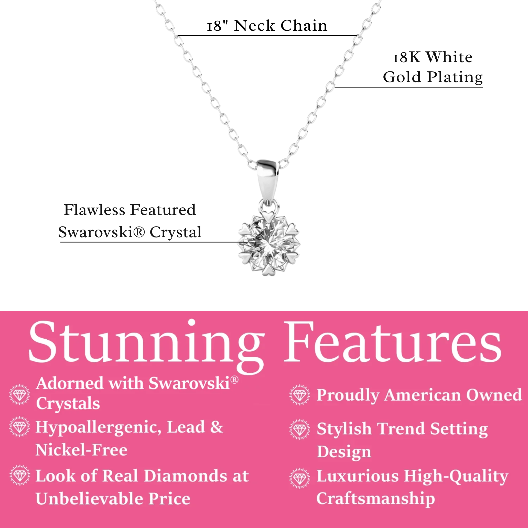 Maggie 18k White Gold Plated Pendant Necklace with Round Cut Solitaire Swarovski Crystal