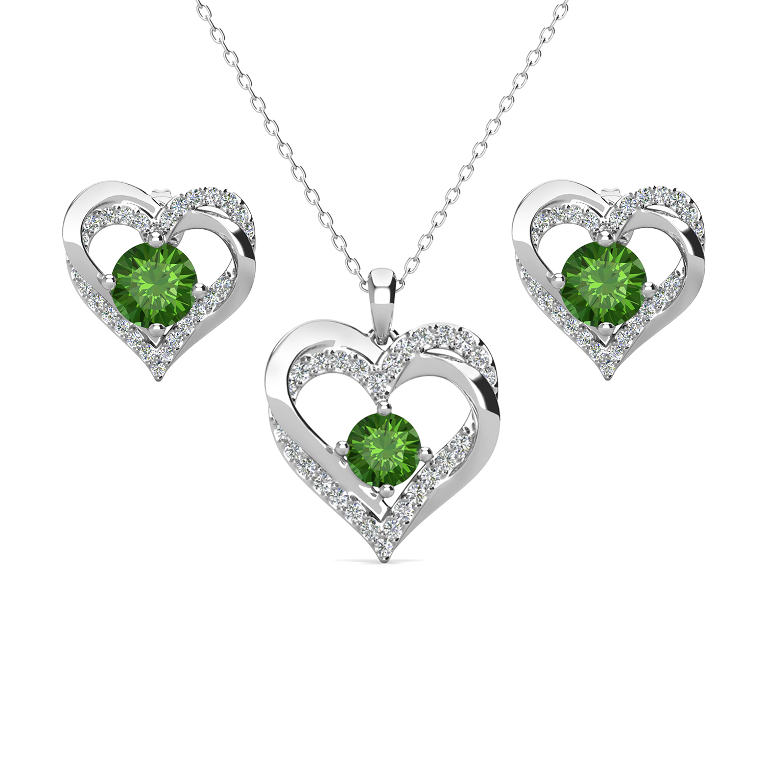 Forever Birthstone 18k White Gold Plated Silver Double Heart Earrings and Necklace Set with Swarovski Crystals