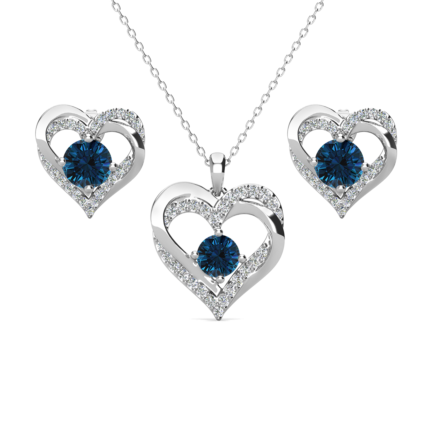 Forever Birthstone 18k White Gold Plated Silver Double Heart Earrings and Necklace Set with Swarovski Crystals