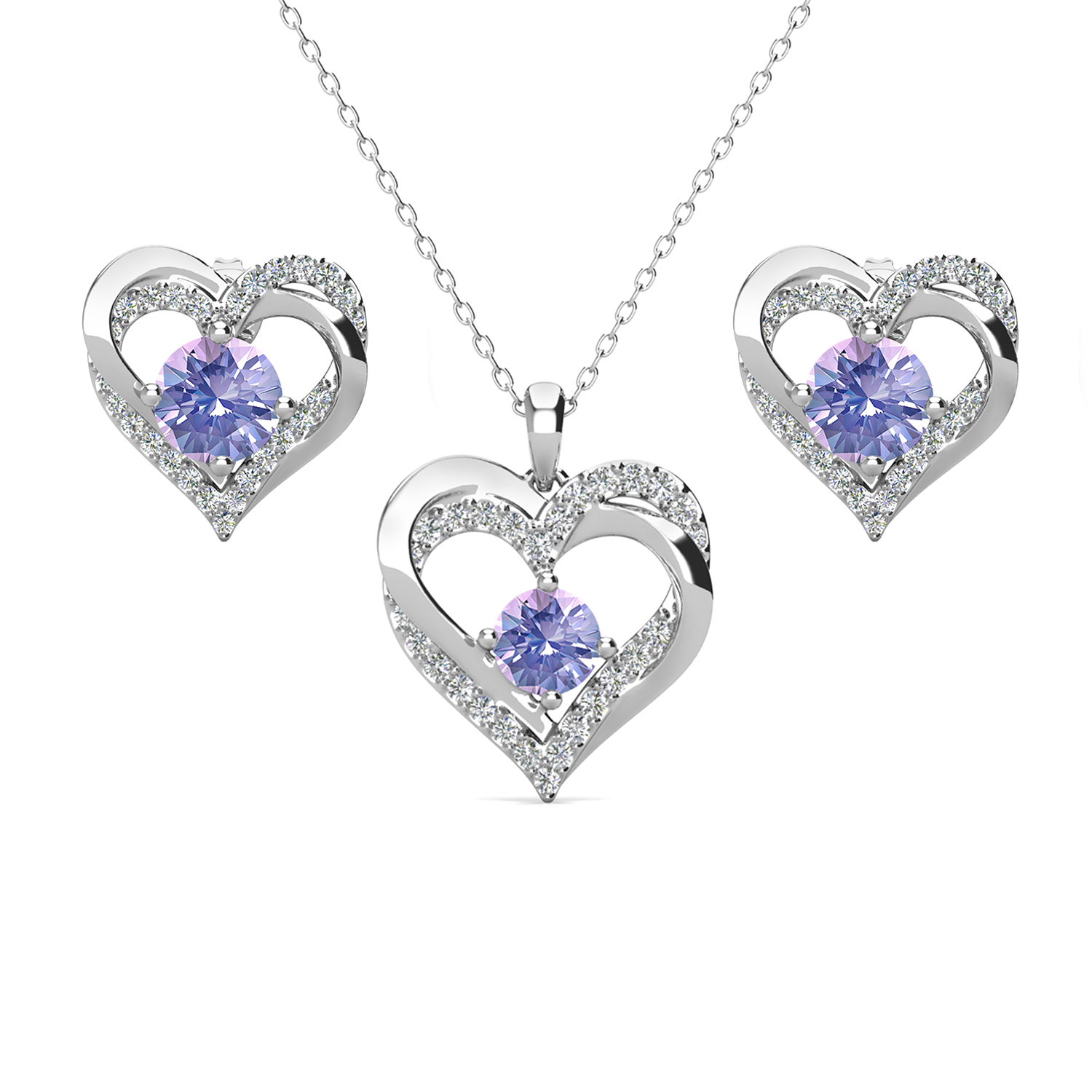 Forever Birthstone 18k White Gold Plated Silver Double Heart Earrings and Necklace Set with Swarovski Crystals