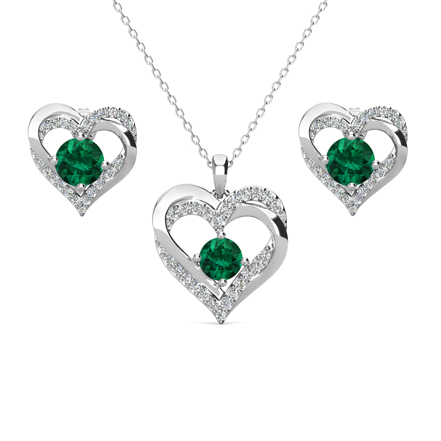 Forever Birthstone 18k White Gold Plated Silver Double Heart Earrings and Necklace Set with Swarovski Crystals