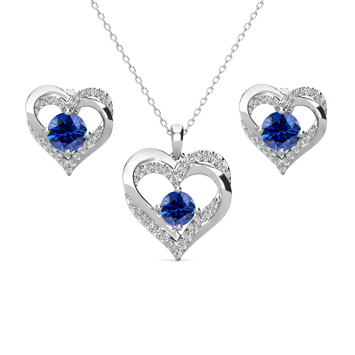 Forever Birthstone 18k White Gold Plated Silver Double Heart Earrings and Necklace Set with Swarovski Crystals