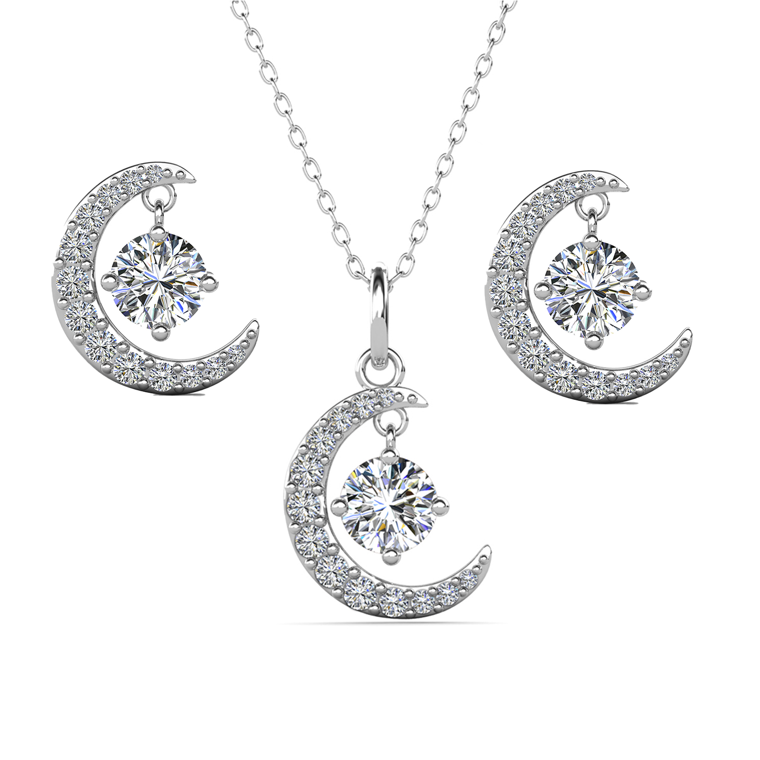 Luna Birthstone 18k White Gold Plated Silver Crescent Earrings and Necklace Set with Swarovski Crystals