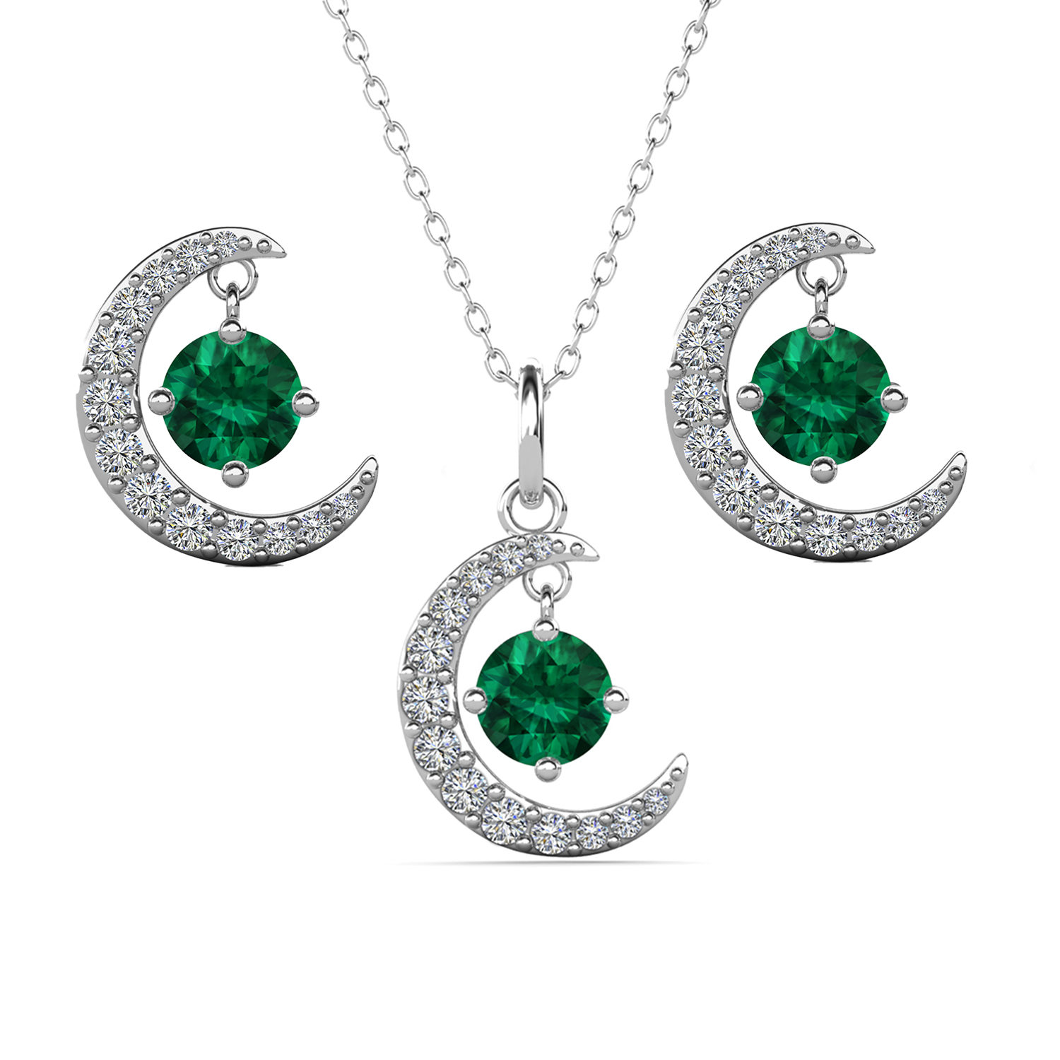 Luna Birthstone 18k White Gold Plated Silver Crescent Earrings and Necklace Set with Swarovski Crystals