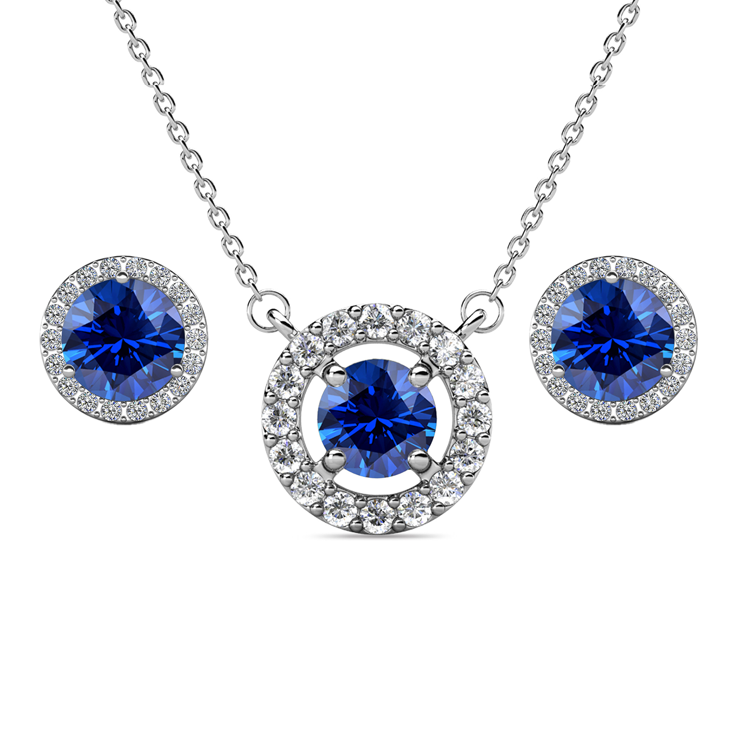 Royal 18k White Gold Plated Birthstone Halo Earrings and Necklace Set with Swarovski Crystals