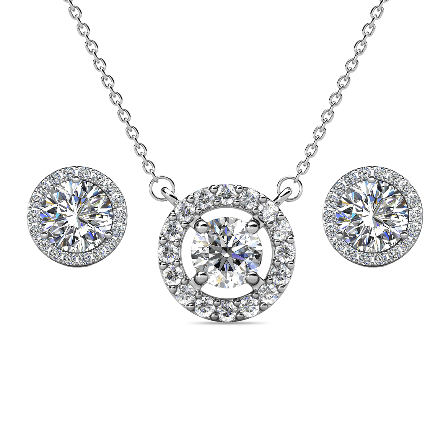 Royal 18k White Gold Plated Birthstone Halo Earrings and Necklace Set with Swarovski Crystals