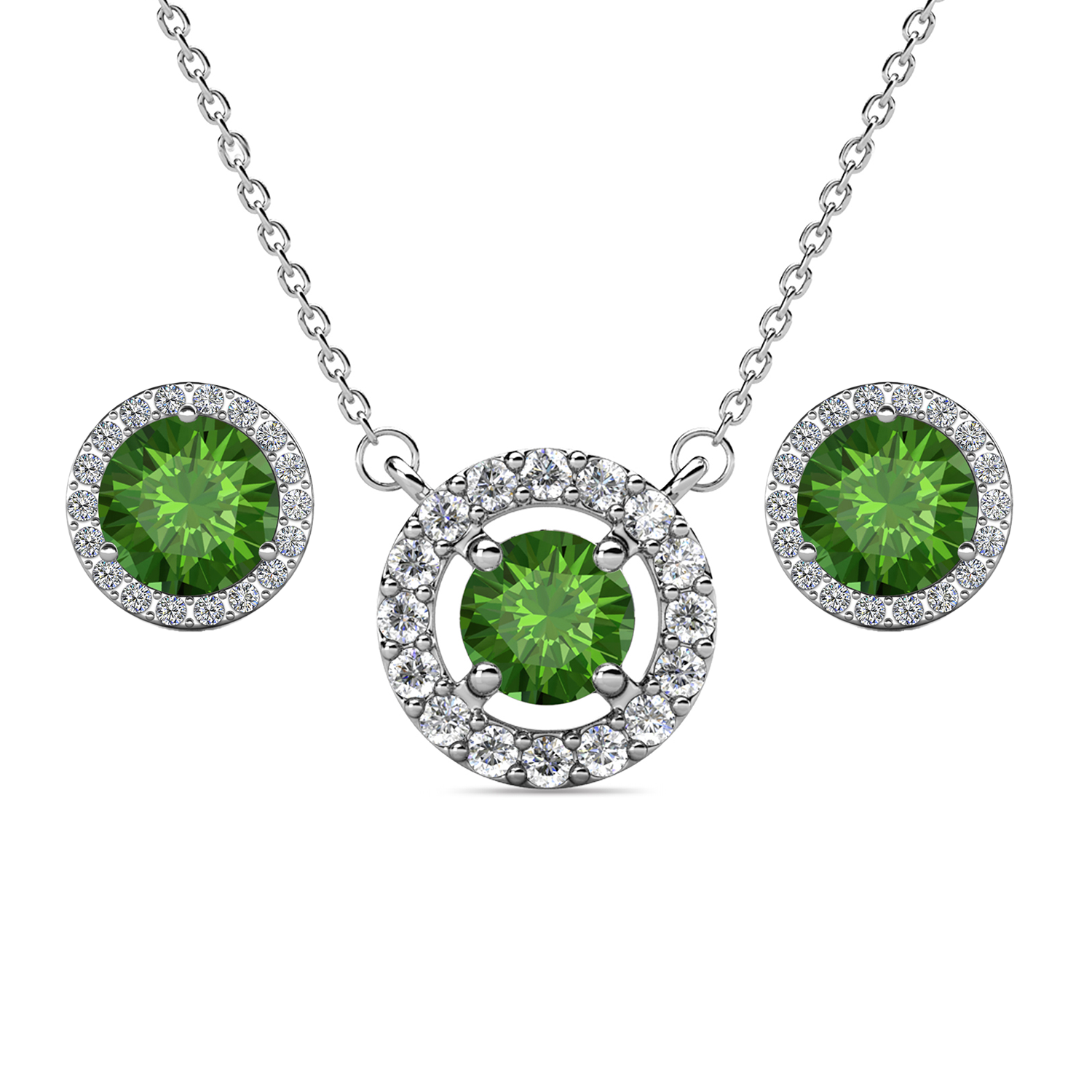 Royal 18k White Gold Plated Birthstone Halo Earrings and Necklace Set with Swarovski Crystals