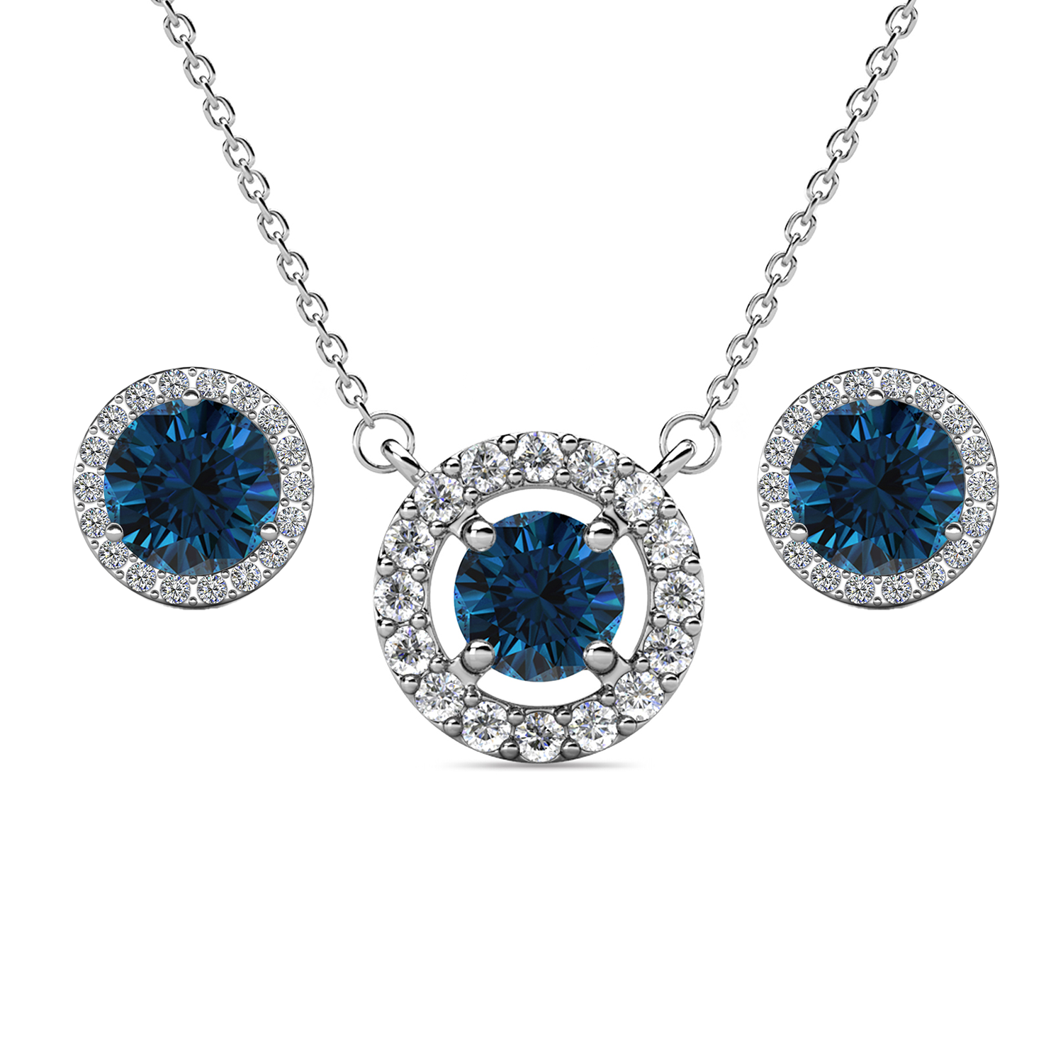 Royal 18k White Gold Plated Birthstone Halo Earrings and Necklace Set with Swarovski Crystals