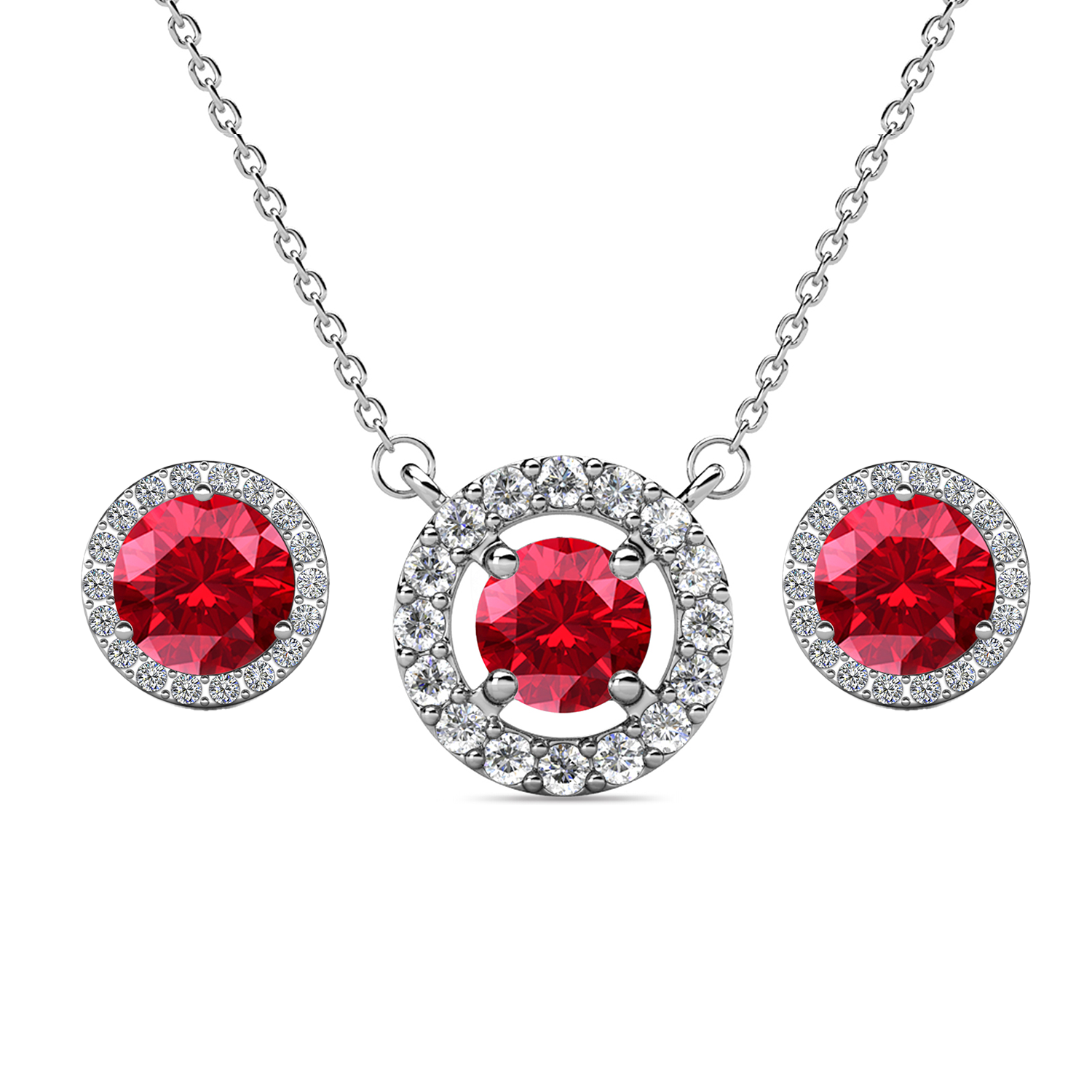 Royal 18k White Gold Plated Birthstone Halo Earrings and Necklace Set with Swarovski Crystals