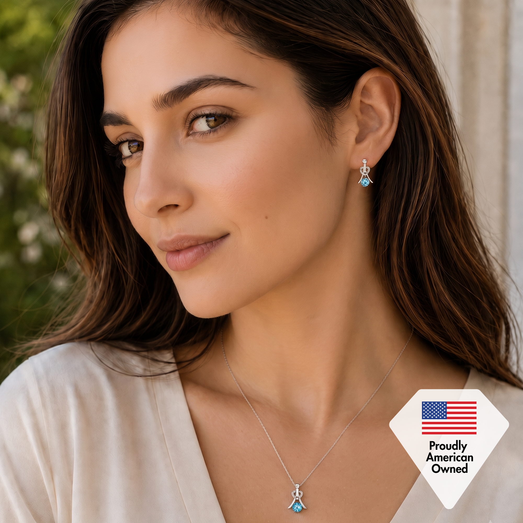 Serenity Birthstone 18k White Gold Plated Drop Earrings and Necklace Set with Swarovski Crystals