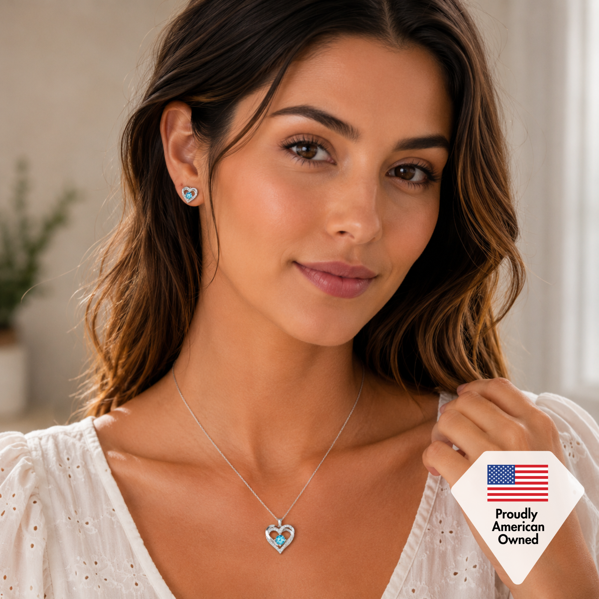Forever Birthstone 18k White Gold Plated Double Heart Necklace with Swarovski Crystals