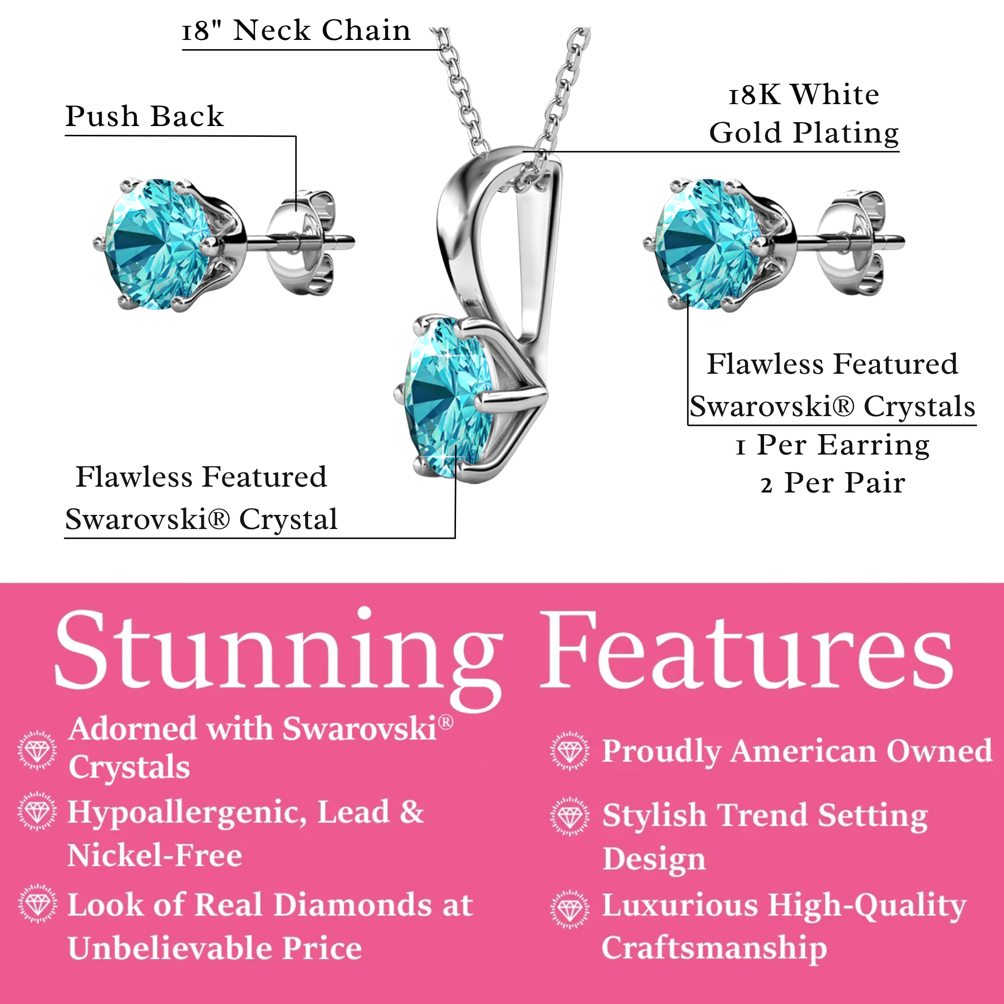 Birthstone 18k White Gold Plated Stud Earrings and Necklace Set with 1ct Swarovski Crystals