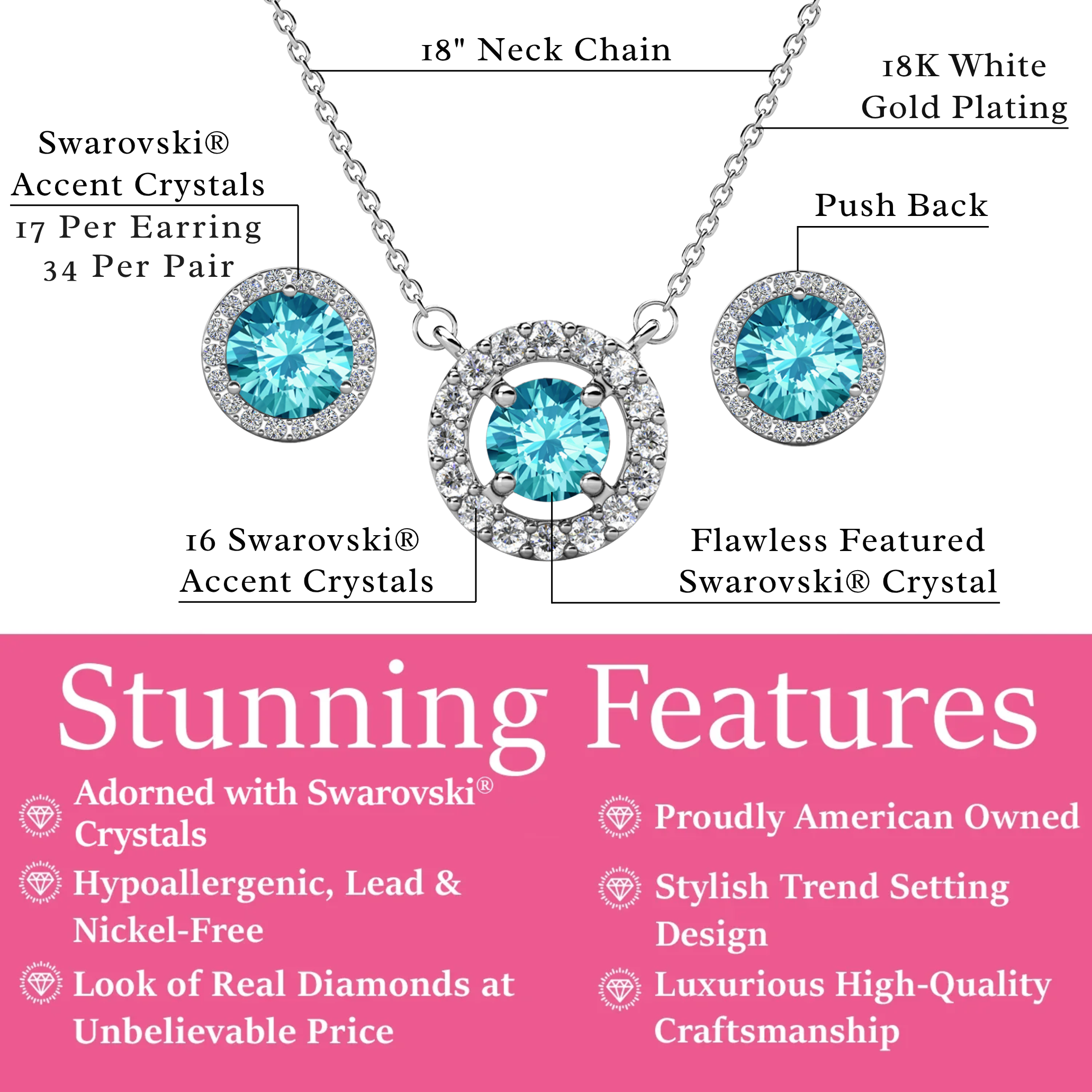 Royal Birthstone 18k White Gold Plated Halo Stud Earrings and Necklace Set with Swarovski Crystals