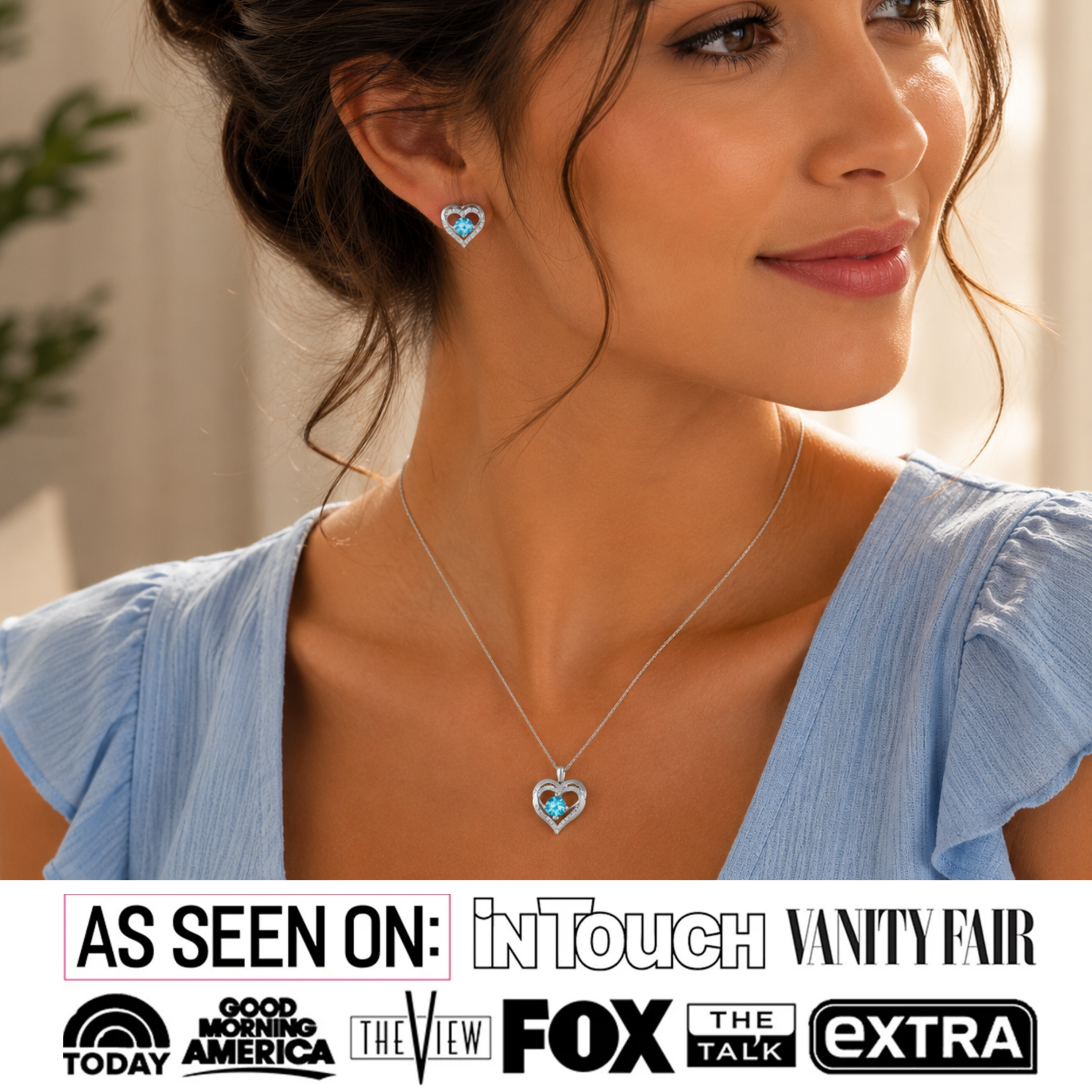 Forever Birthstone 18k White Gold Plated Silver Double Heart Earrings and Necklace Set with Swarovski Crystals