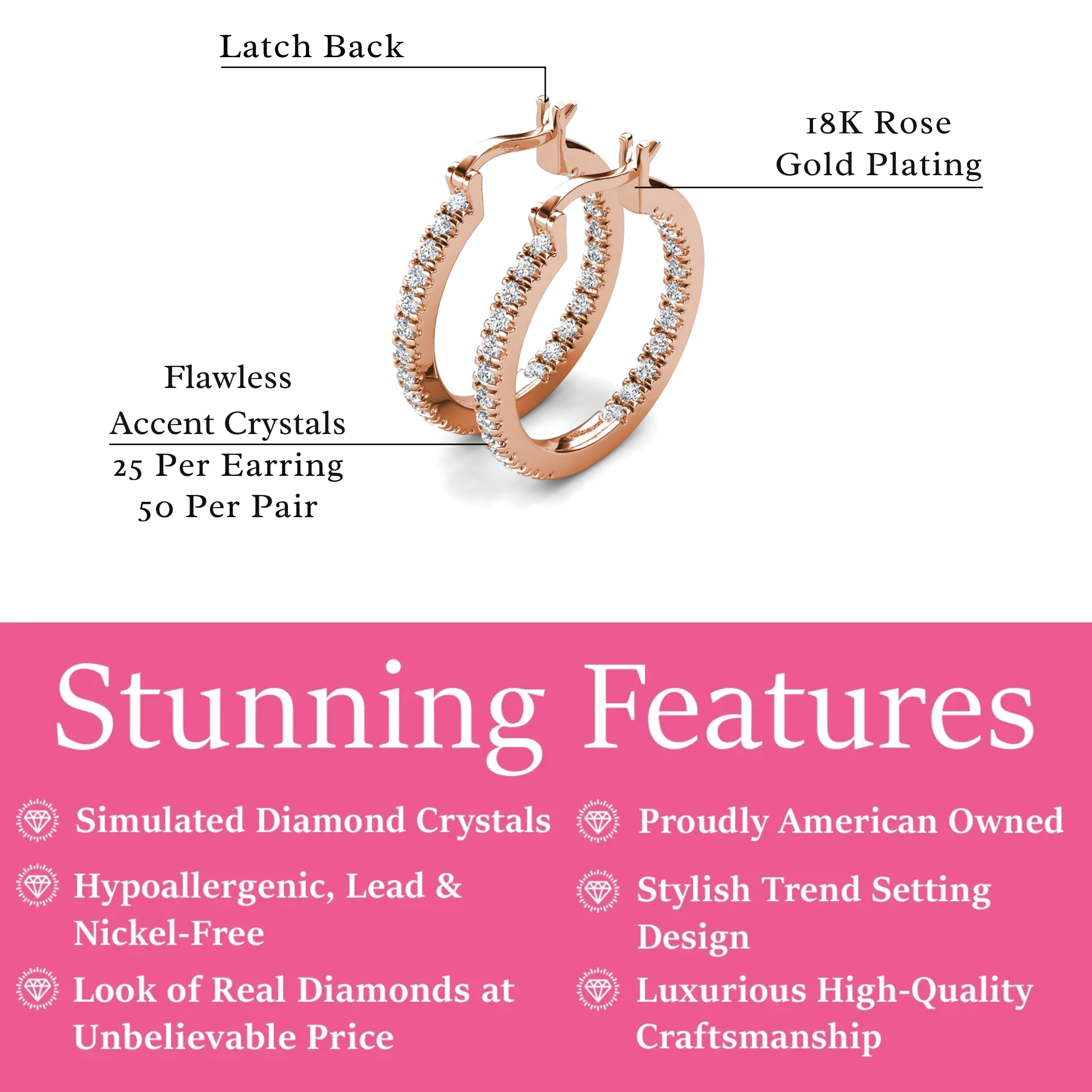 Margot 18k White Gold Plated 24mm Hoop Earrings with Simulated Diamond Crystals