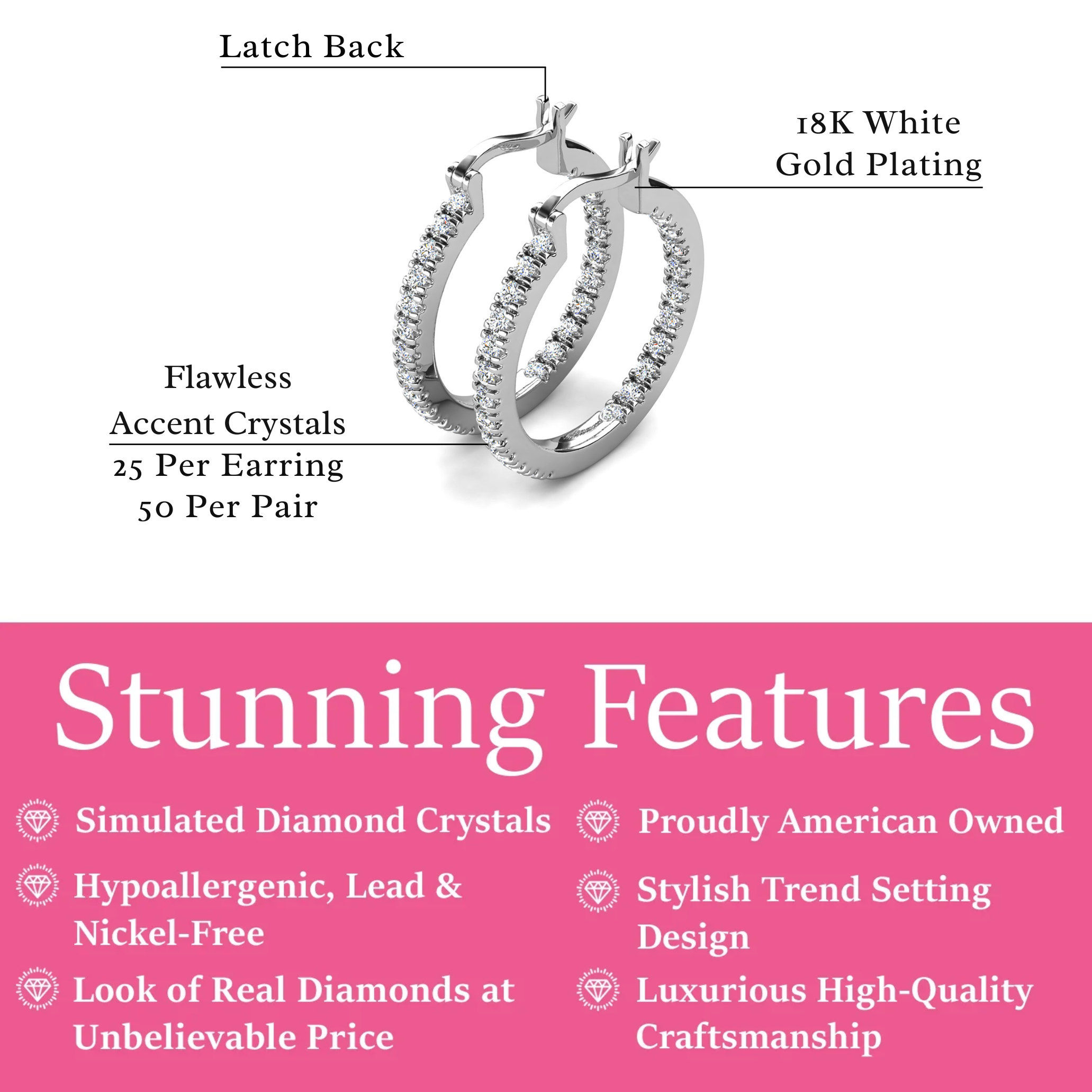 Margot 18k White Gold Plated 24mm Hoop Earrings with Simulated Diamond Crystals