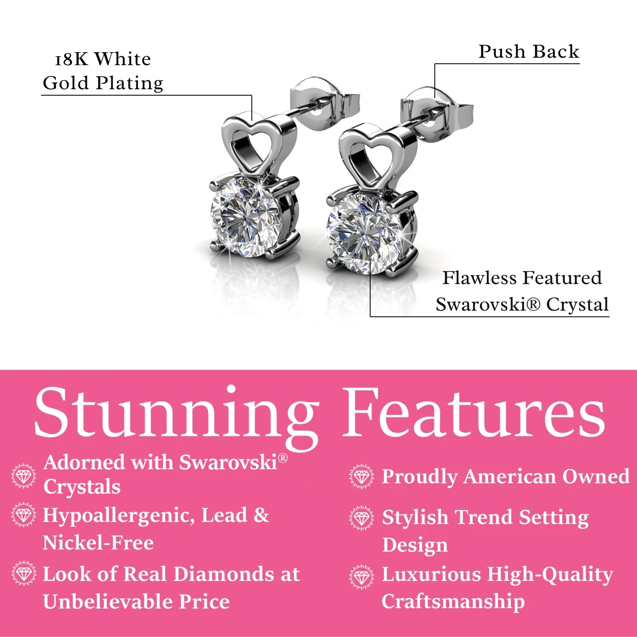 Marian 18k White Gold Heart Earrings with Round Cut Swarovski Crystal