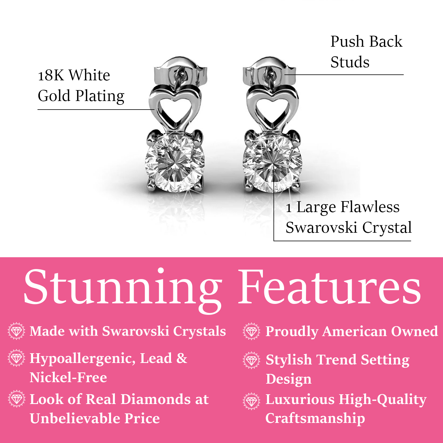 Marian 18k White Gold Heart Earrings with Round Cut Swarovski Crystals