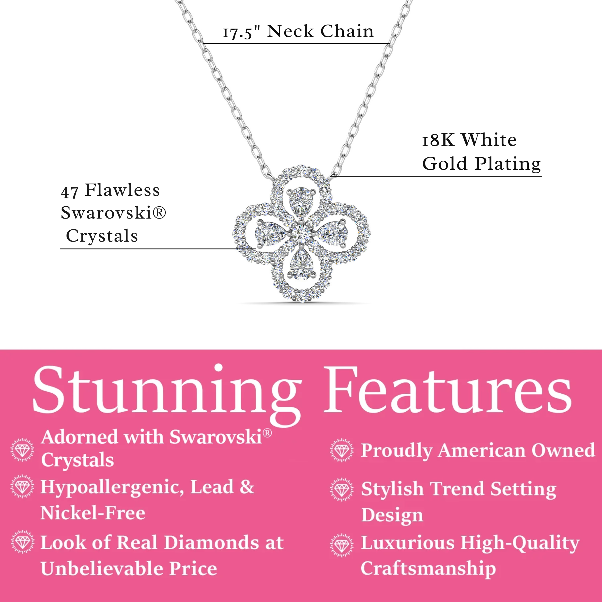 Marie 18k White Gold Plated Clover Flower Necklace & Strength and Peace Shadow Card