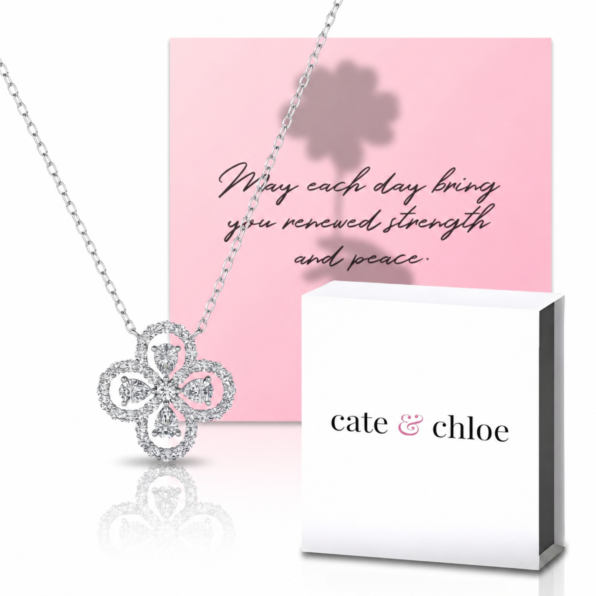 Marie 18k White Gold Plated Clover Flower Necklace & Strength and Peace Shadow Card