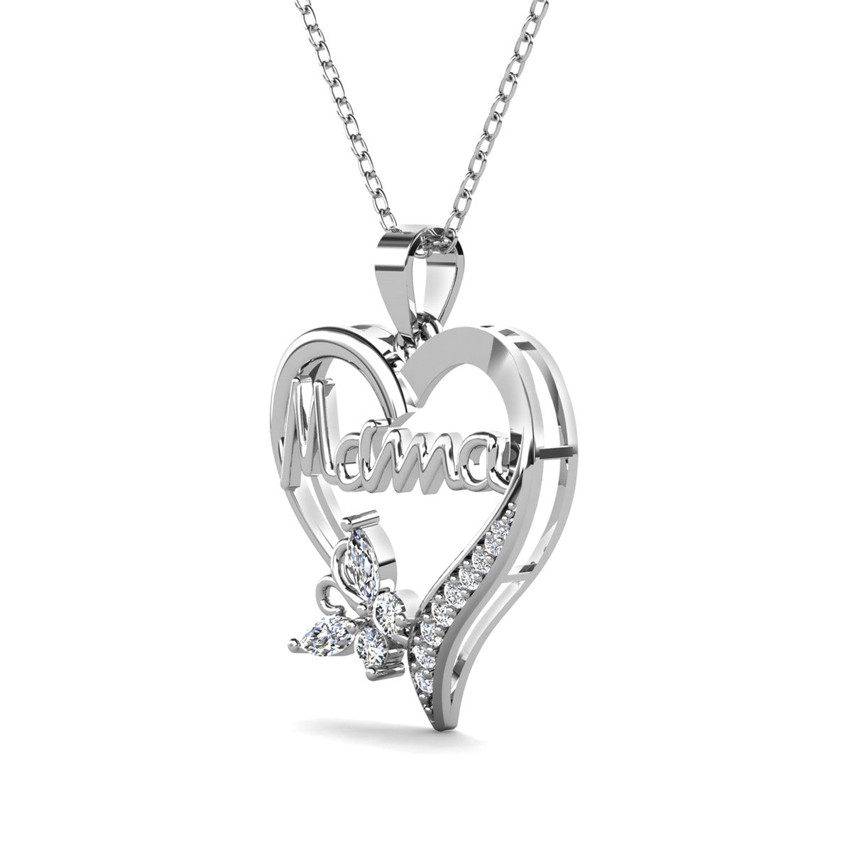 Mavis 18k White Gold Plated Mama Heart Pendant Necklace with Simulated Diamond Crystals