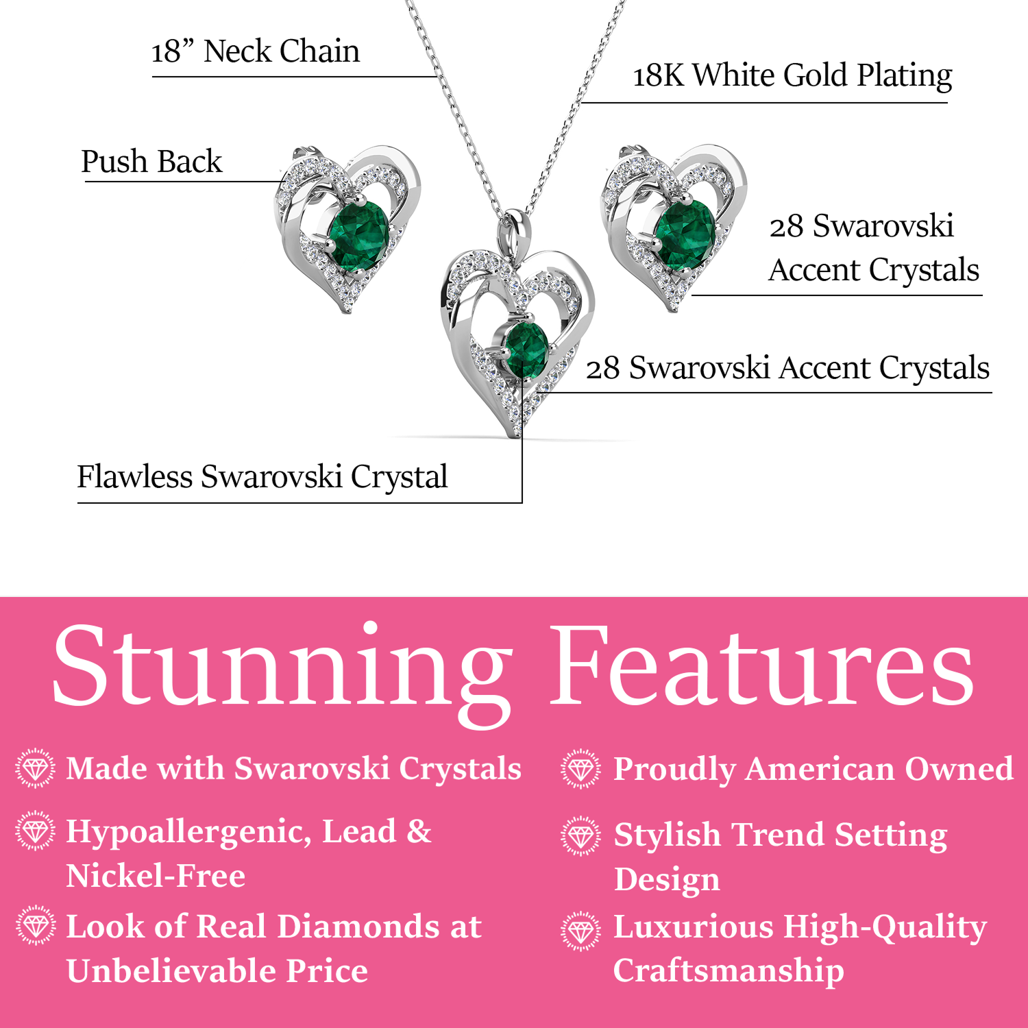 Forever Birthstone 18k White Gold Plated Silver Double Heart Earrings and Necklace Set with Swarovski Crystals