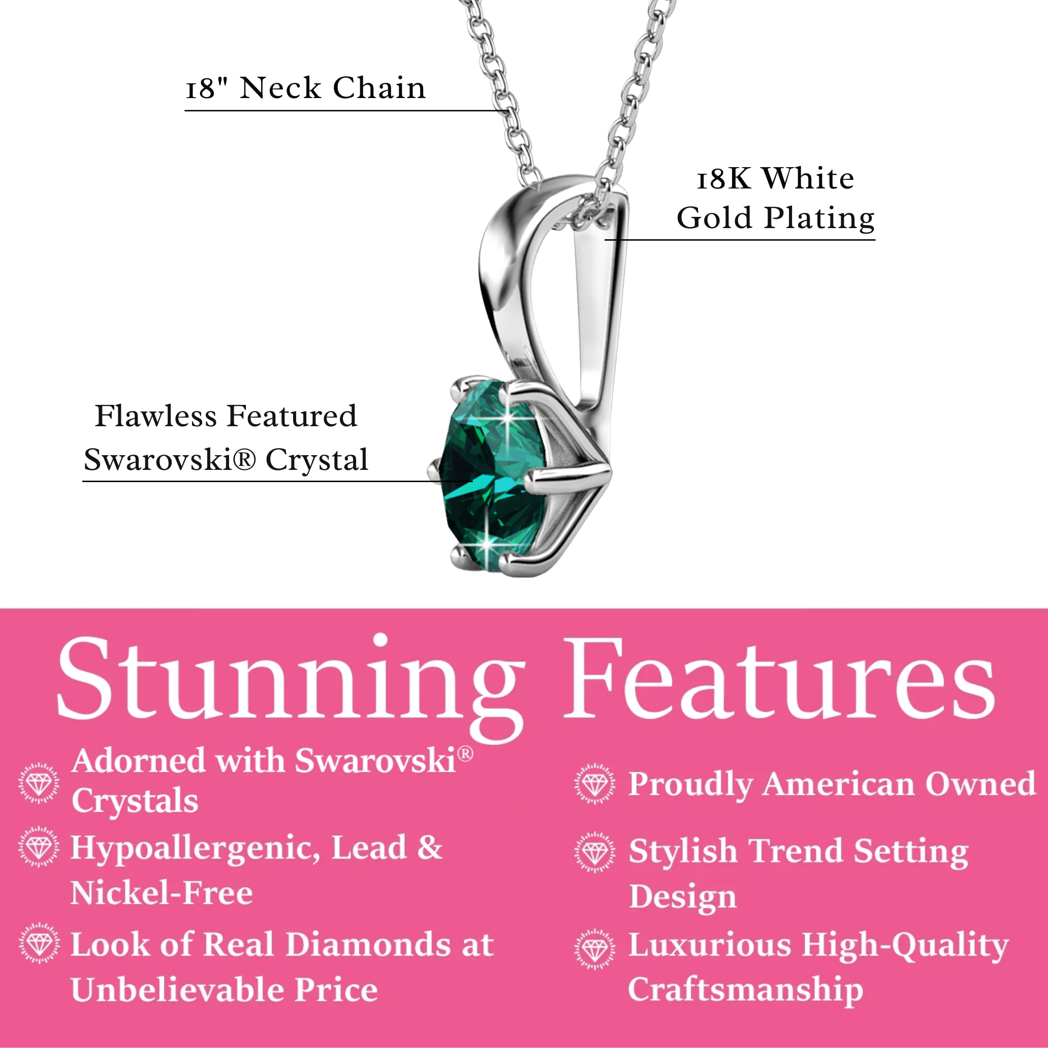Birthstone Necklace 18k White Gold Plated Solitaire Necklace with 1ct Swarovski Crystal