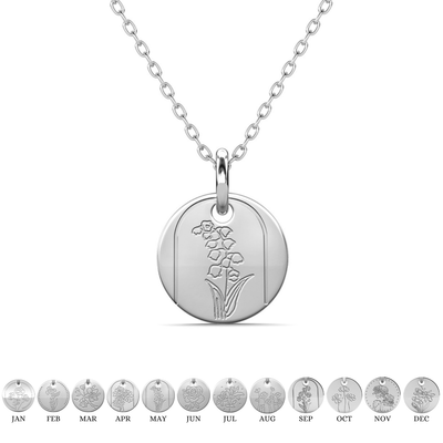 Floral 18k White Gold Plated Engraved Birth Month Flower Pendant Necklace - May - Lily of the Valley