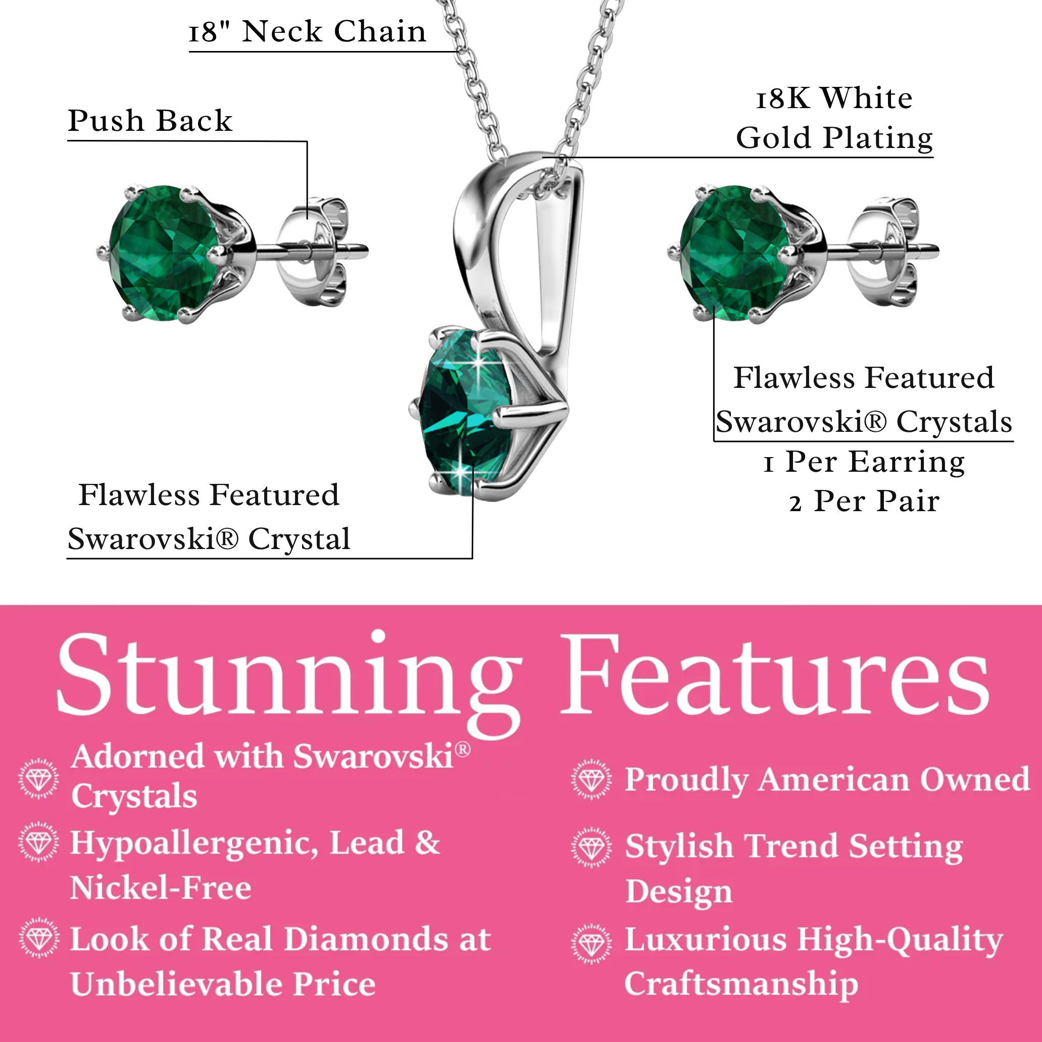 Birthstone 18k White Gold Plated Stud Earrings and Necklace Set with 1ct Swarovski Crystals