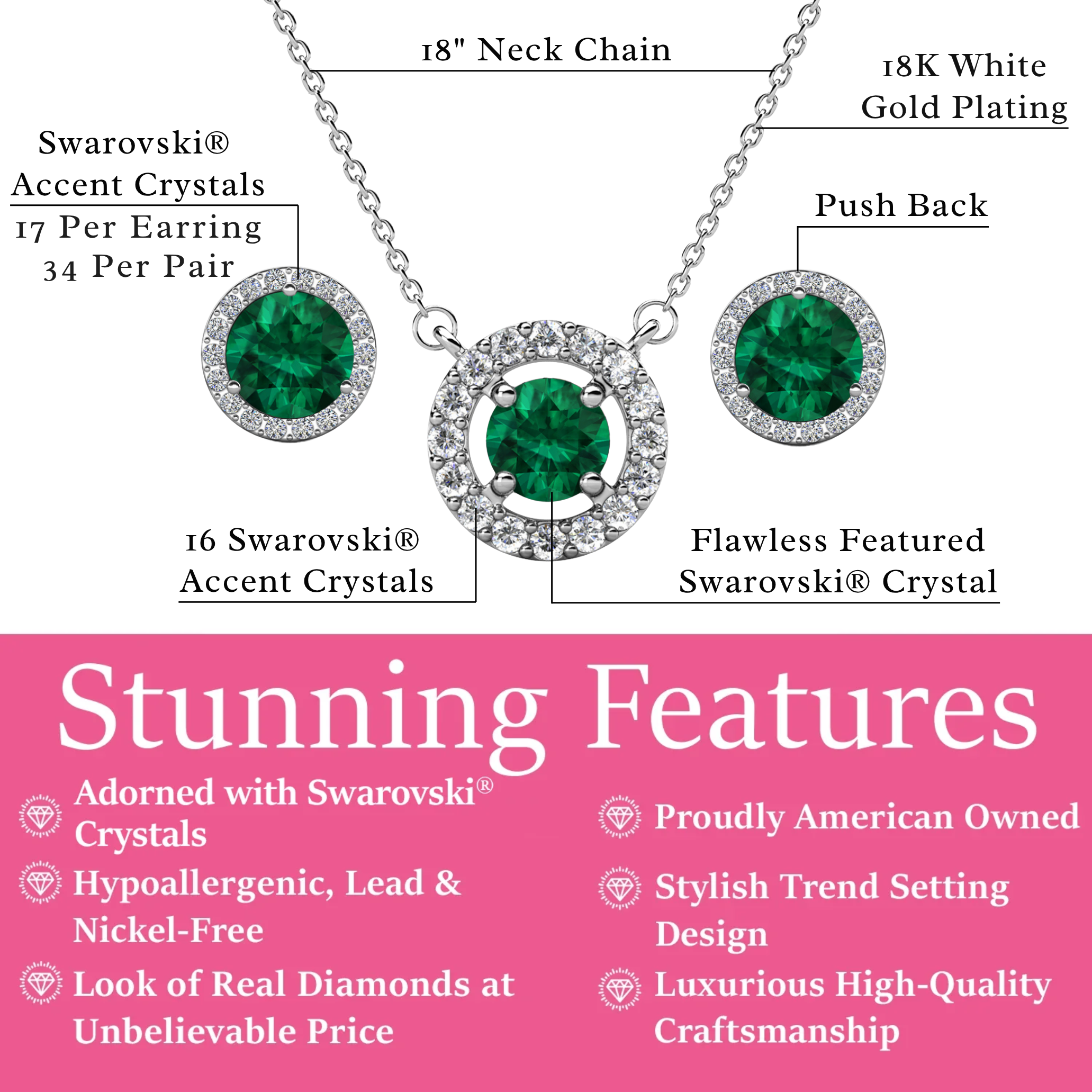 Royal Birthstone 18k White Gold Plated Halo Stud Earrings and Necklace Set with Swarovski Crystals