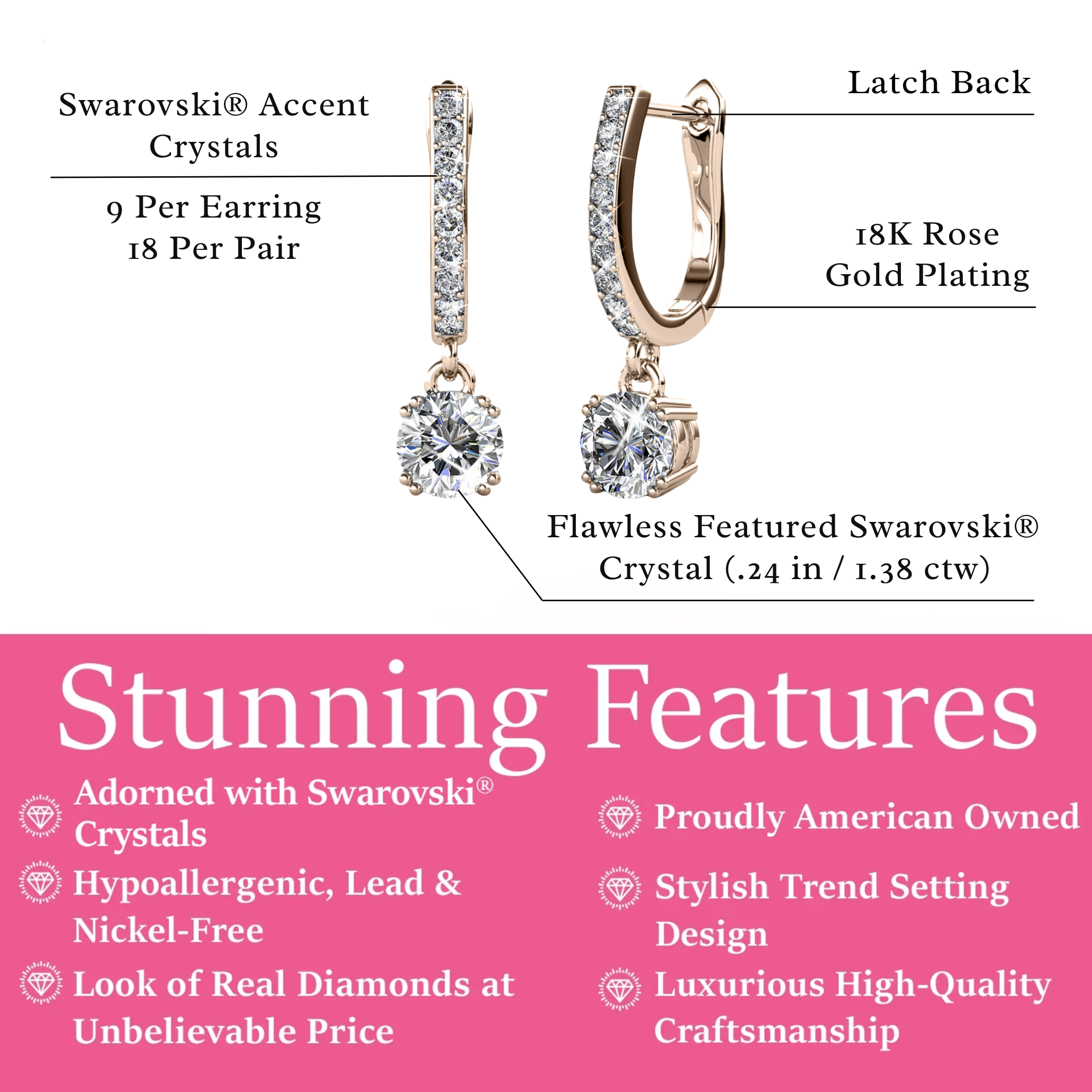 McKenzie 18k Gold Plated Dangle Earrings with Swarovski Crystals (3 Pair Set)