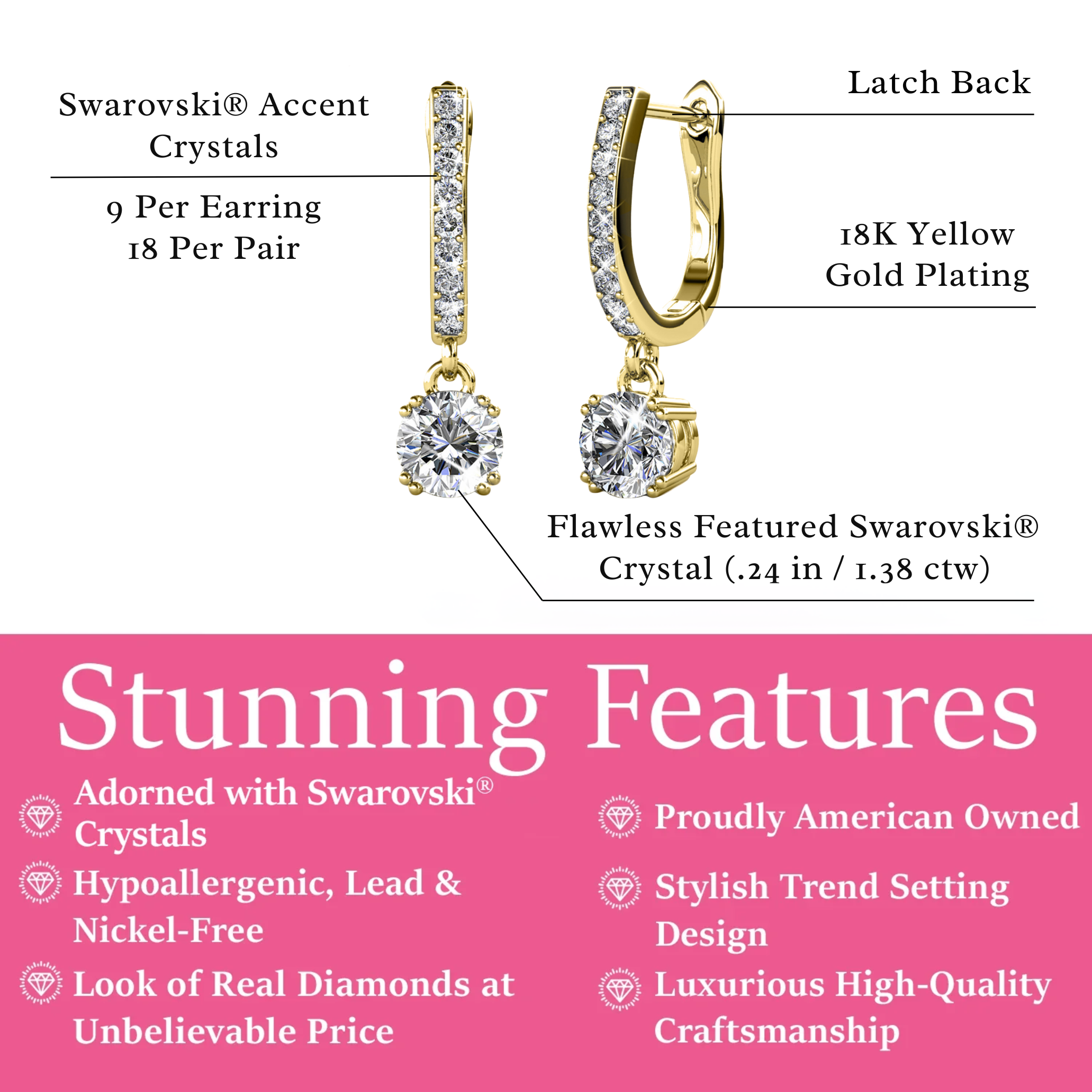 McKenzie 18k Gold Plated Dangle Earrings with Swarovski Crystals (3 Pair Set)