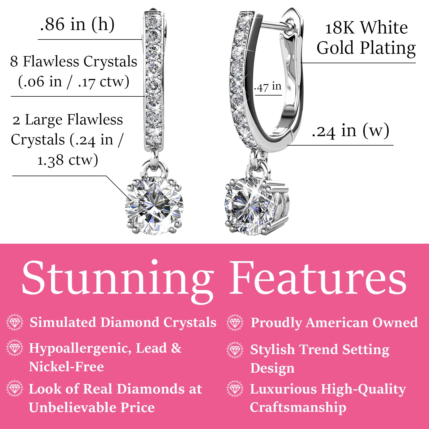 McKenzie 18k White Gold Plated Drop Dangle Crystal Earrings for Women