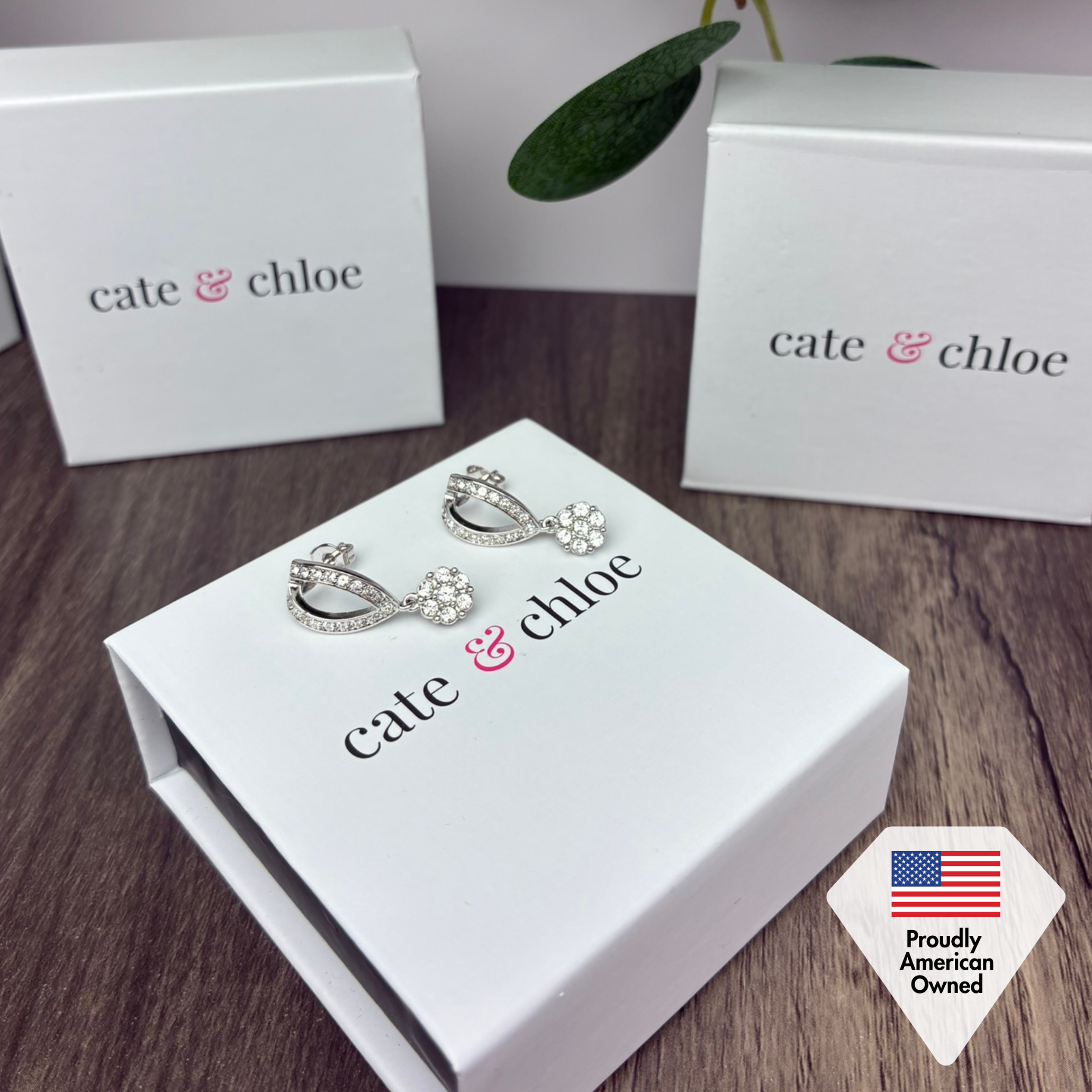 Megan 18k White Gold Plated Diamond Dangle Stud Earrings with Swarovski Crystals - Holiday Deal